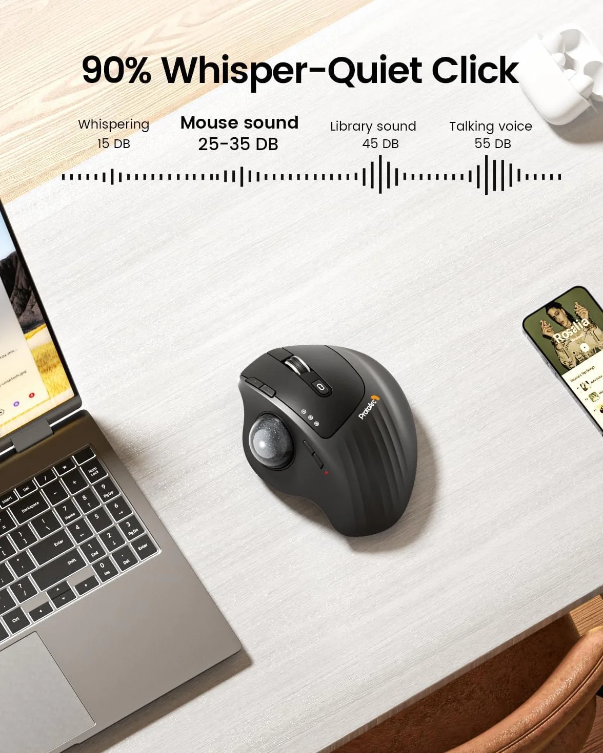ProtoArc EM01 NL Bezprzewodowa mysz Trackball, ergonomiczna mysz kulkowa Bluetooth, kciuk, ładowalna, komputer, laptop, regulowany kąt i 3 przyłącza urządzeń, do PC, Mac, Windows, szara kulka 25