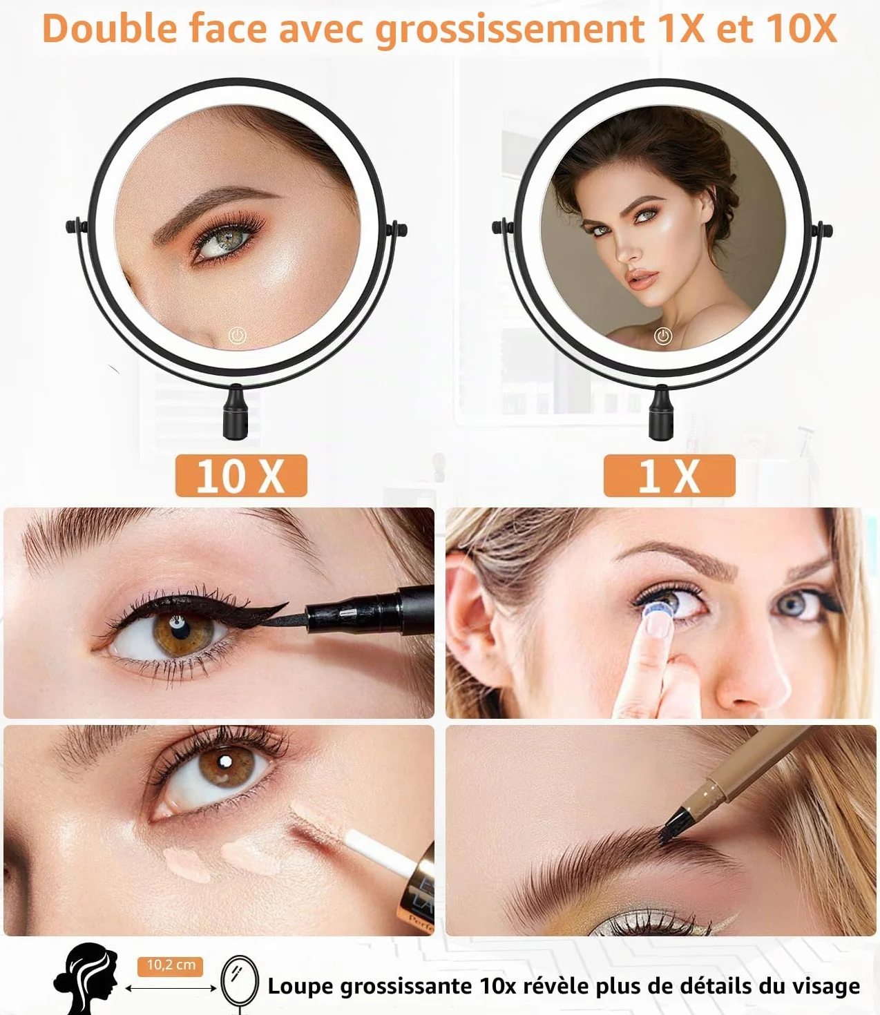 Jutyum Miroir cosmétique mural avec grossissement 1X/10X - Éclairage LED - Miroir de maquillage mural avec éclairage variable - 3 couleurs - Noir