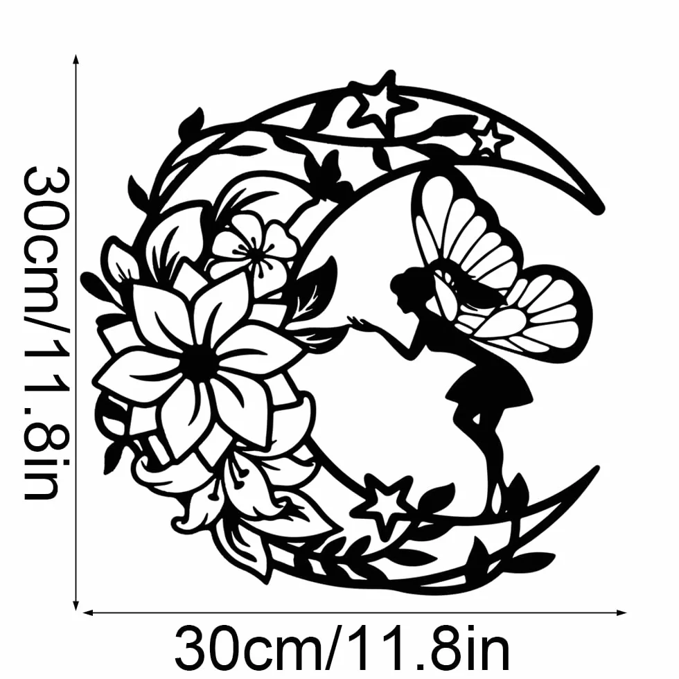 YunBey Décoration Murale Métal Noire Sculpture Fée Fleur Lune 30x30 CM