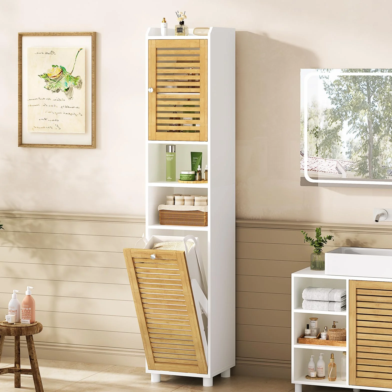 Meuble Colonne Salle de Bain, Meuble de Rangement avec Etagère Réglable, 2 Paniers à Linge, 2 Étagères Ouvertes et 2 Portes en Bambou, Armoire de Salle de Bain Haute, 30 x 30 x 170 cm