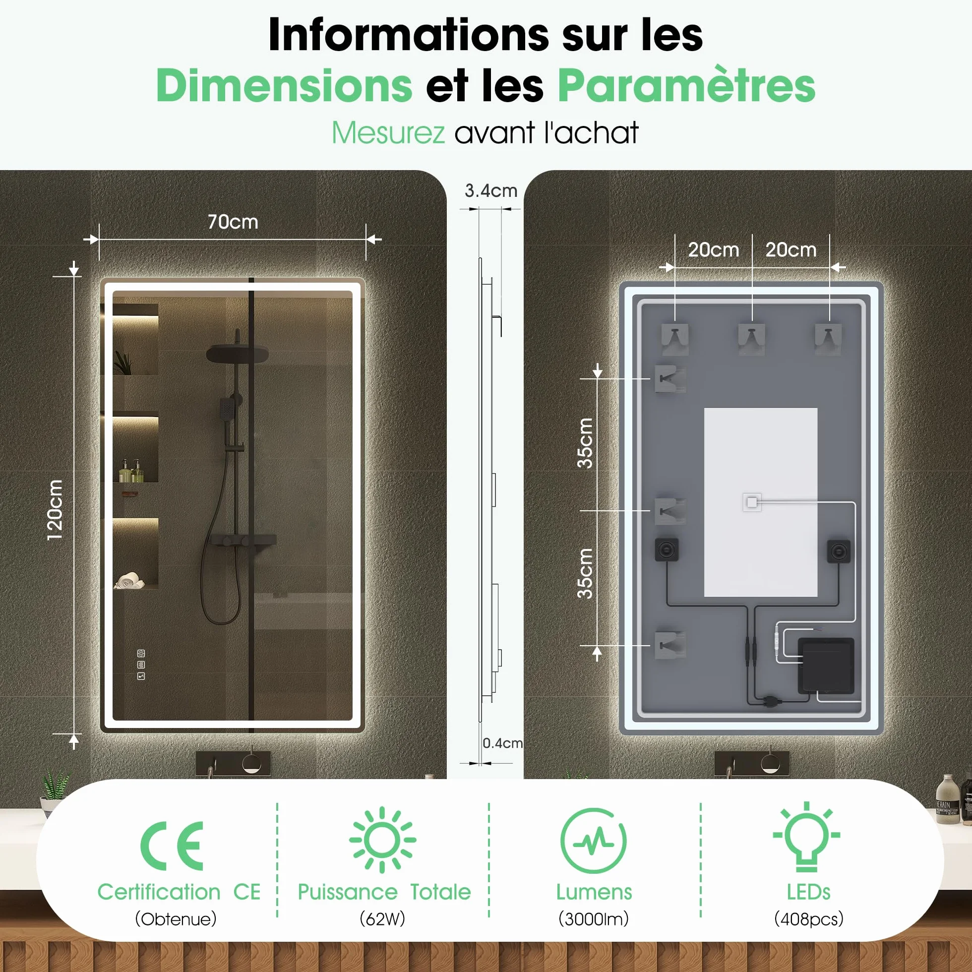 S'bagno Bluetooth-Miroir-Salle-de-Bain-avec-Eclairage-120x70cm, Miroir-LED-Salle-de-Bain Anti-buée, 3000K-6500K, Dimmable, Mémoire, Verre trempé HD, IP44-Miroir-Salle-de-Bain-Led, Horizontal/Vertical