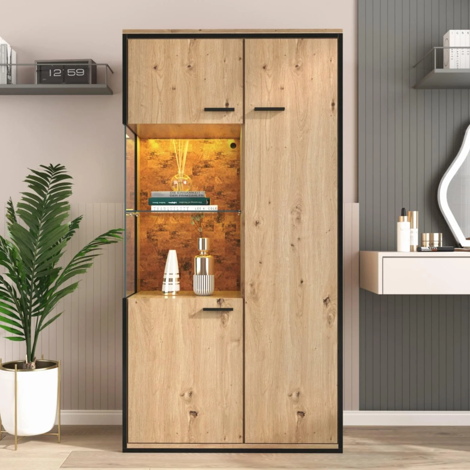 KOMHTOM Armoire de rangement moderne couleur bois, buffet haut avec trois portes et séparateurs réglables, armoire polyvalente avec étagères en verre pour salon, salle à manger, chambre (B)