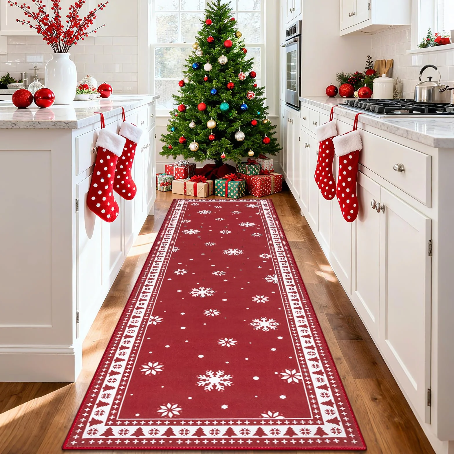 Enyhom Tapis Couloir Long de Noël 80 x 300 cm, Moelleux Tapis de Cuisine Antidérapant et Lavable en Machine, Absorbant Facile à Nettoyer Tapis de Passage pour Couloir, Entree, Chambre à Coucher, Salon