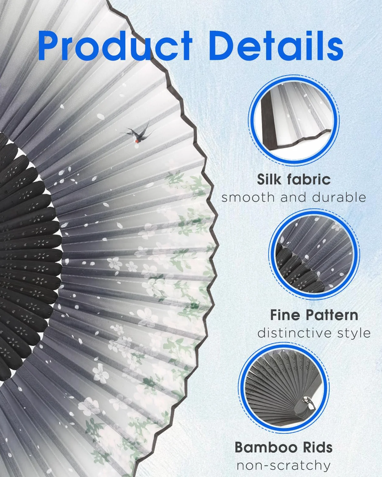 Éventails Pliants à Main avec Frange, Ventilateur Portable pour Fête Mariage Danse, Cadeau pour Dame et Homme (Noir et Bleu)