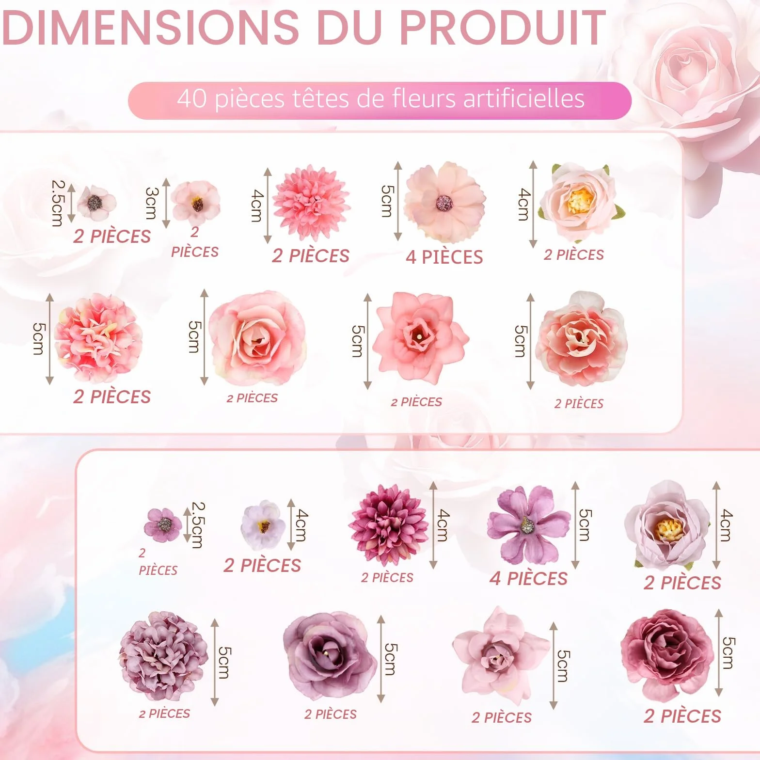 40 Pièces Fausse Fleur Artificielle Tete de Fleurs en Tissu Rose Violet Mélangée 10 Styles pour DIY Scrapbooking Guirlande Mariage Bouquet