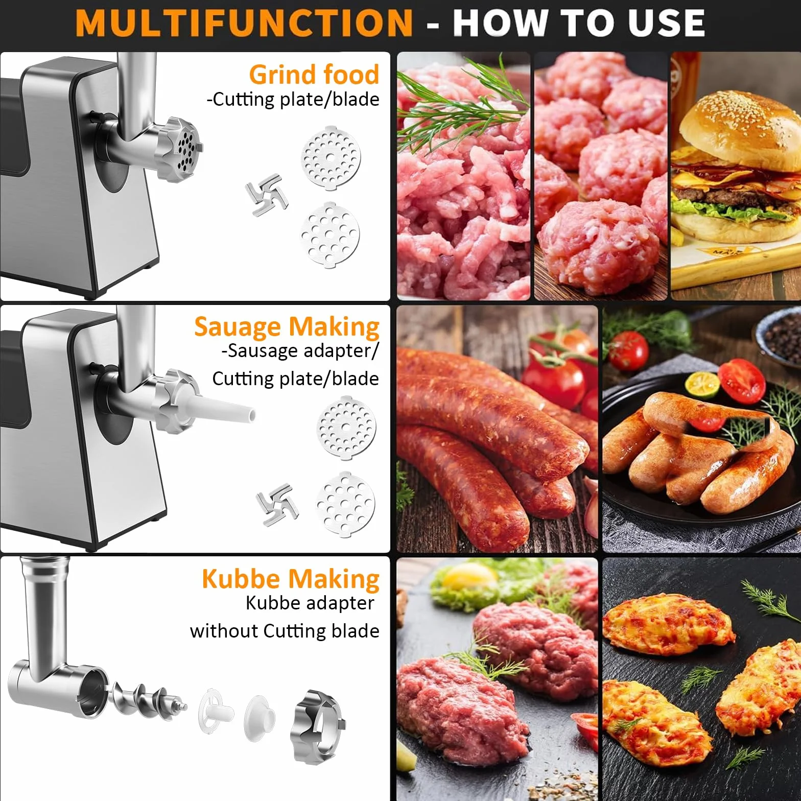 STANEW Hachoir a Viande Électrique Professionnel, 4 en 1 Hachoir à viande en acier inoxydabl, saucisses électrique avec 3 plaques en acier (4 mm, 8 mm, d'éventail) et 3 lames, 3500W Moteur en cuivre