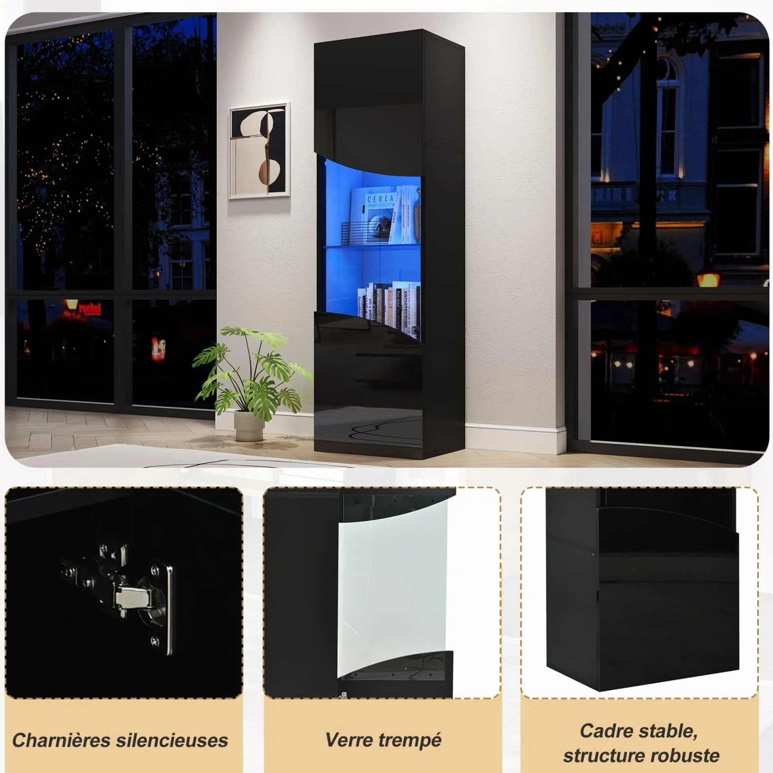 KOMHTOM Armoire Vitrine LED 35x50x165cm, Meuble Exposition Mural avec Éclairage USB, Design Contemporain pour Salon Bureau, Panneau Particules Noir Haut-Brillant(35x50x165cm)