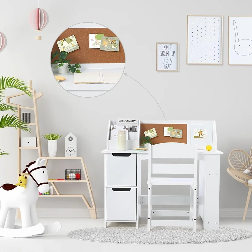Bureau d'étude et Chaise pour Enfants, Table d'apprentissage en Bois avec Rangement, huche et Tableau d'affichage, Bureau d'ordinateur avec Chaise pour garçons et Filles âgés de 3 à 8 Ans