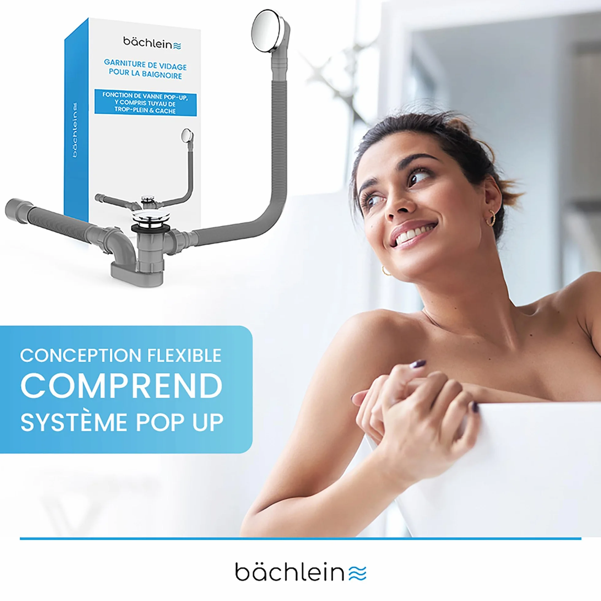 Bächlein Bonde pop-up pour baignoire avec tamis, kit complet trop-plein flexible et siphon