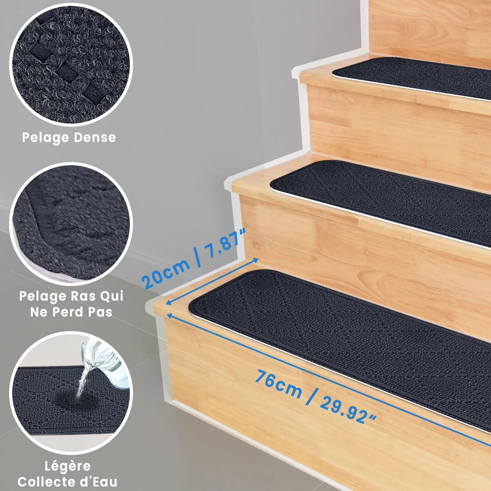 Tapis d'Escalier Antidérapant 76x20cm, Lot de 15 Marchettes Autocollantes Intérieur, Moquette Escalier Réutilisable (Gris Foncé)