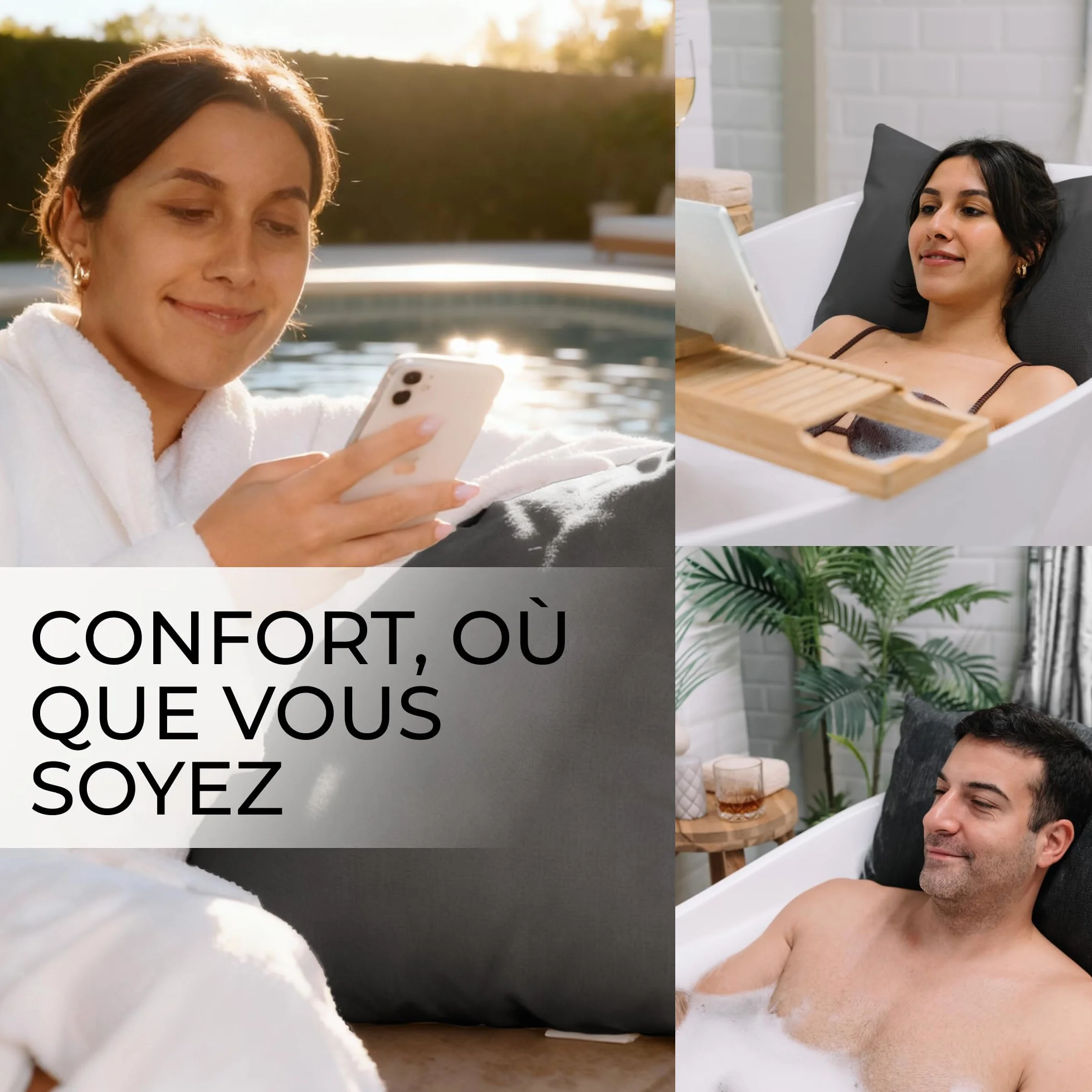 Coussin Baignoire Adulte, épais et Confortable, pour Le Soutien de la tête, du Cou et du Dos. Coussin de Baignoire Lavable, séchage Rapide, idéal pour Bain Relaxant à la Maison - Gris Foncé