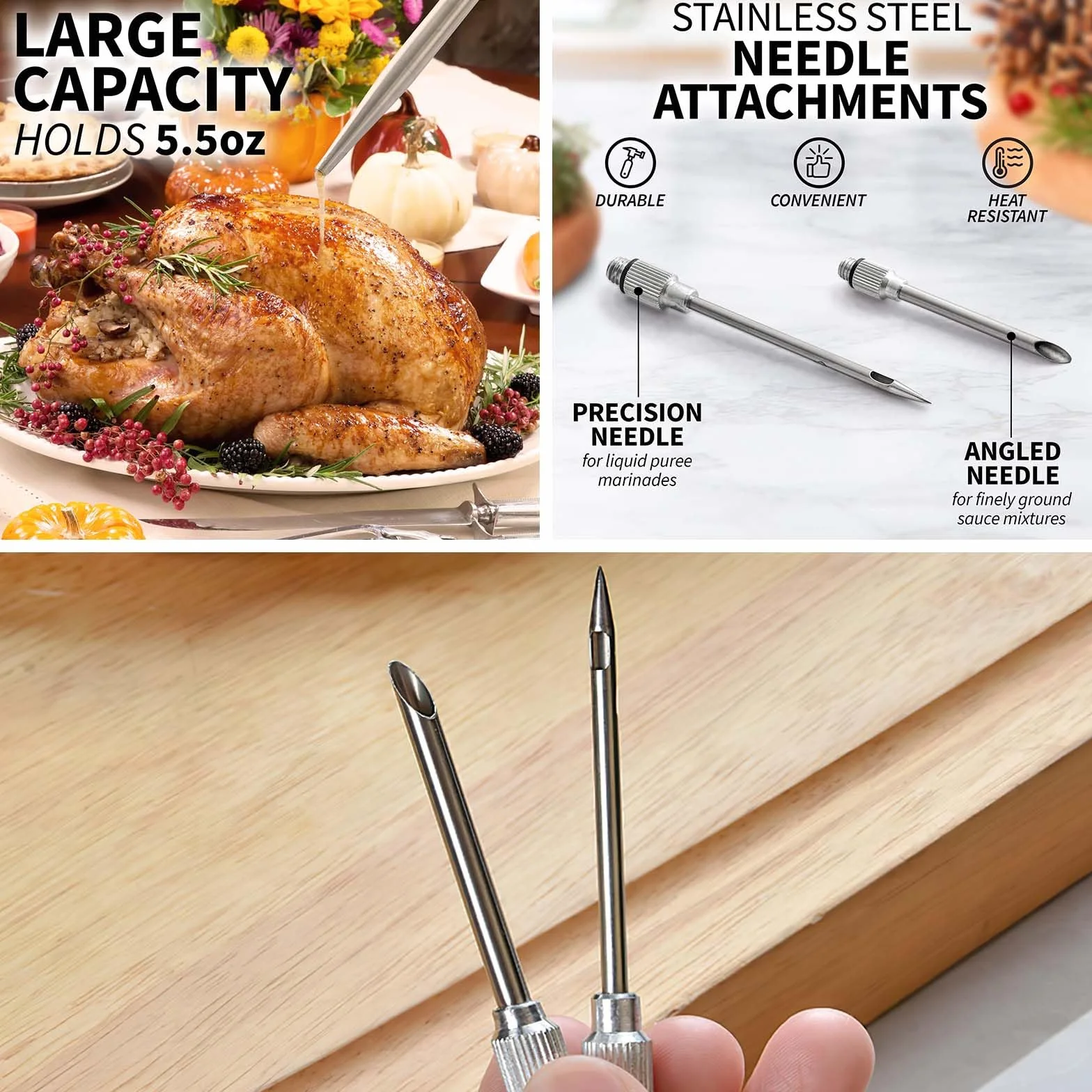 Seringue Alimentaire Poire à Sauce en Acier Inoxydable 304, Pipette INOX avec Clips Alimentaires