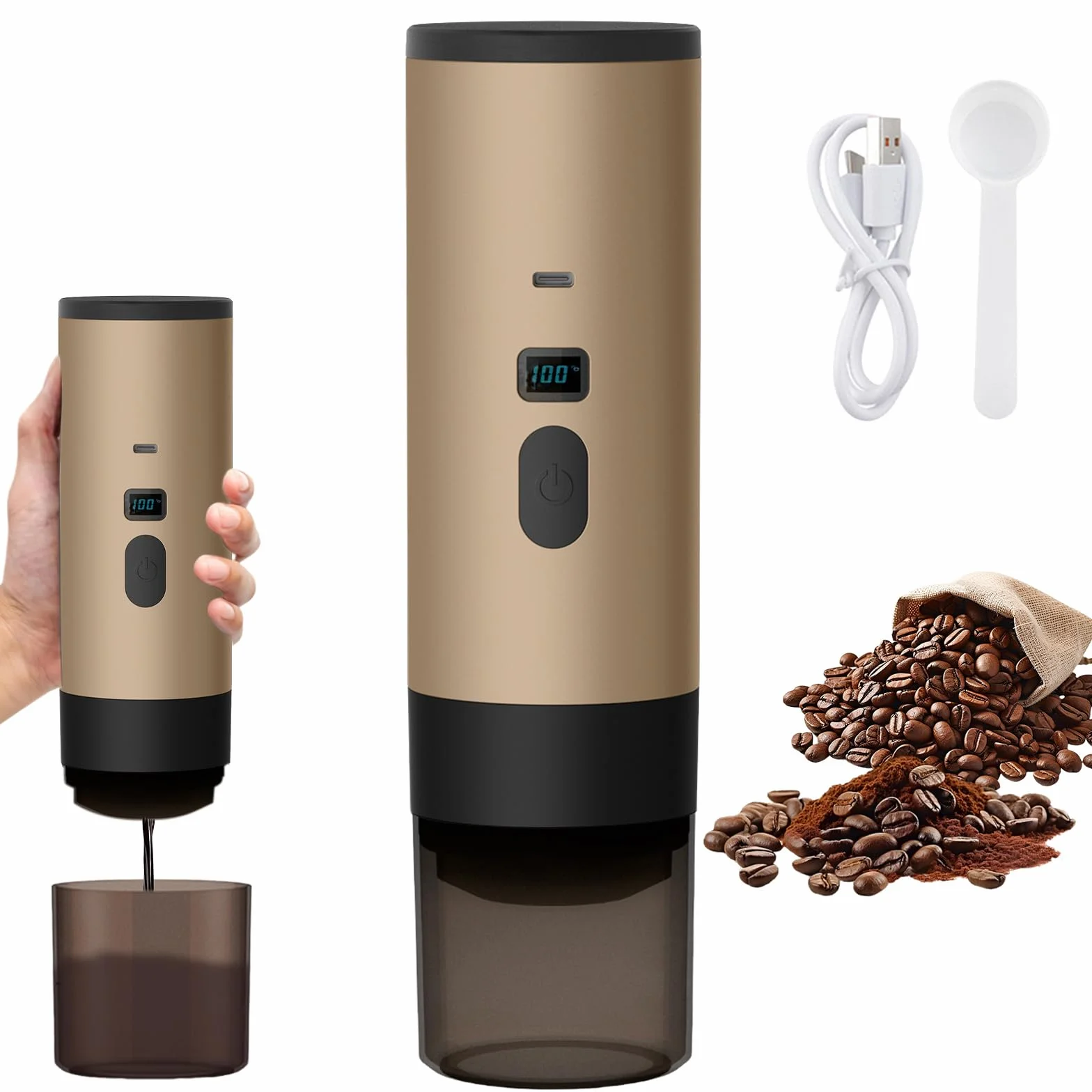 Machine à café expresso électrique,Machine à Cafe Portable,3 En 1 Rechargeable Expresso CafetièRe,Compatible Café Moulu & Capsules,pour Bureau Camping Randonnée (Kaki)
