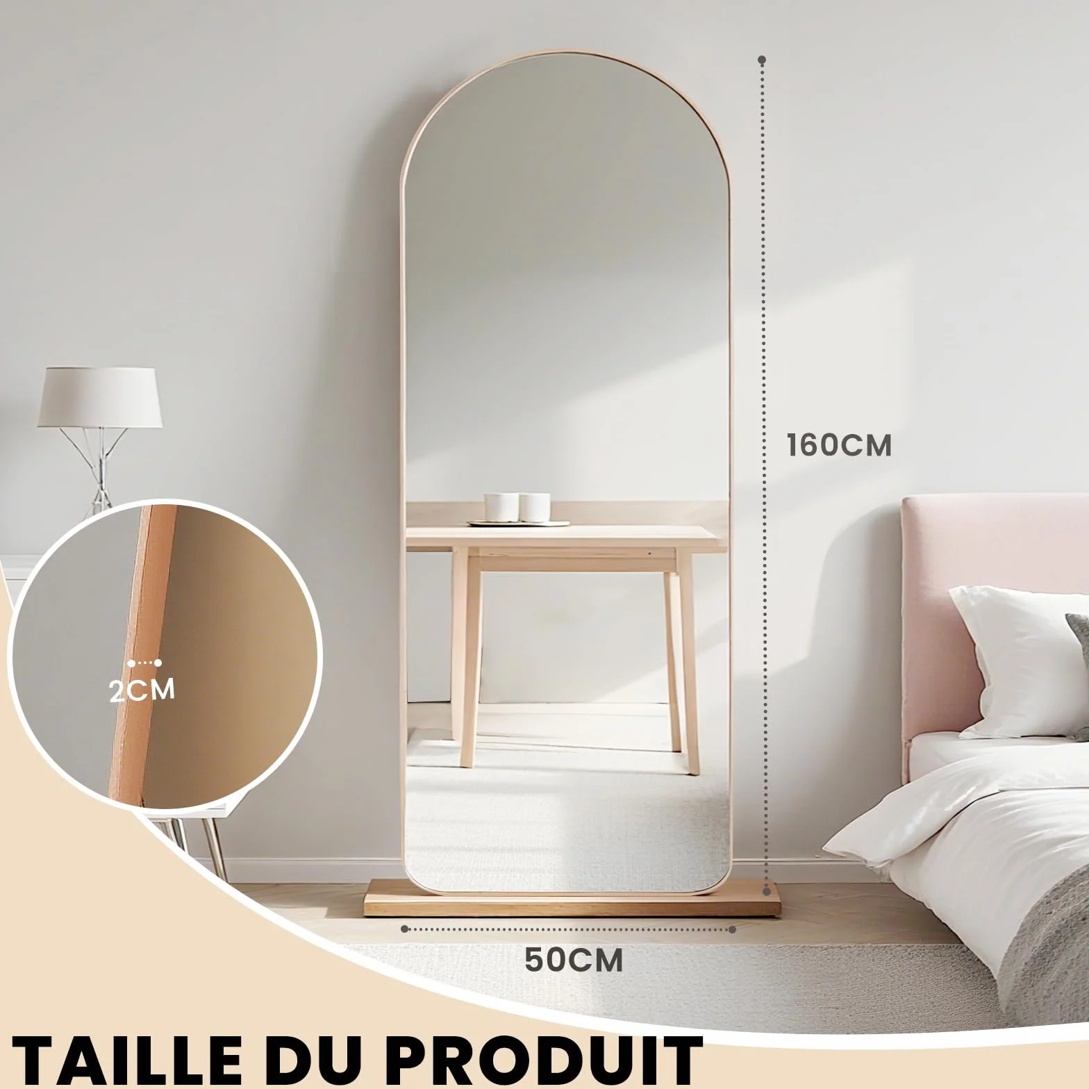 Miroir sur Pied 160x50cm Doré Arché Verre Trempé Grand Miroir Mural XXL Salon Chambre