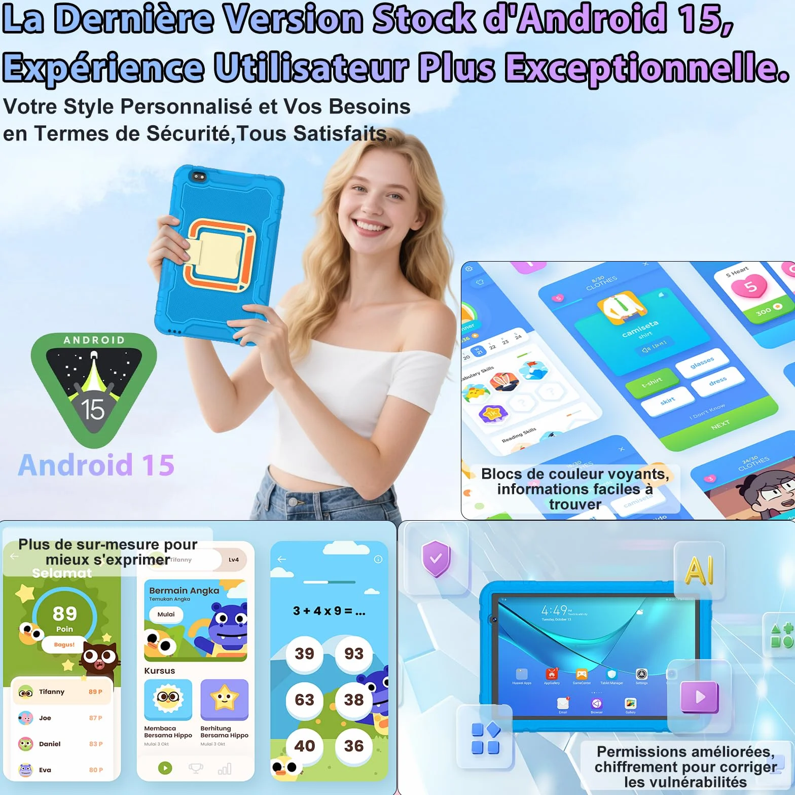 Tablette Enfants 10 Pouces Android 15 30+128 Go WiFi 6 8000 mAh Octa-Core Bleu