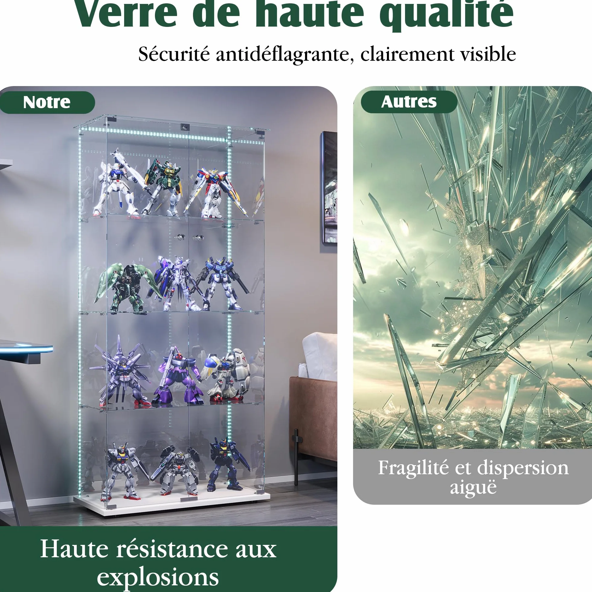 Vitrine en Verre à 2 Portes avec LED, Armoire de Présentation Moderne avec Serrure, Étagères de Rangement, Meuble Vitrine pour Salon, Chambre ou Bureau (Blanc L, 4 étages)