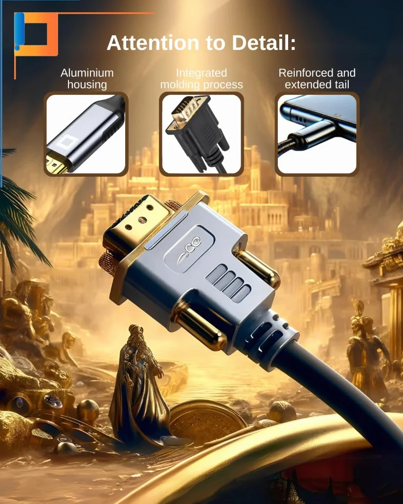 CO2 Adapter HDMI do VGA D-SUB 2K/60Hz, Full HD 1080p, Plug & Play, Pozłacany, Kabel jednokierunkowy, Konwerter, Kompatybilny z Laptopami, Monitorami, Projektorami, Aluminium Space Gray (2K)