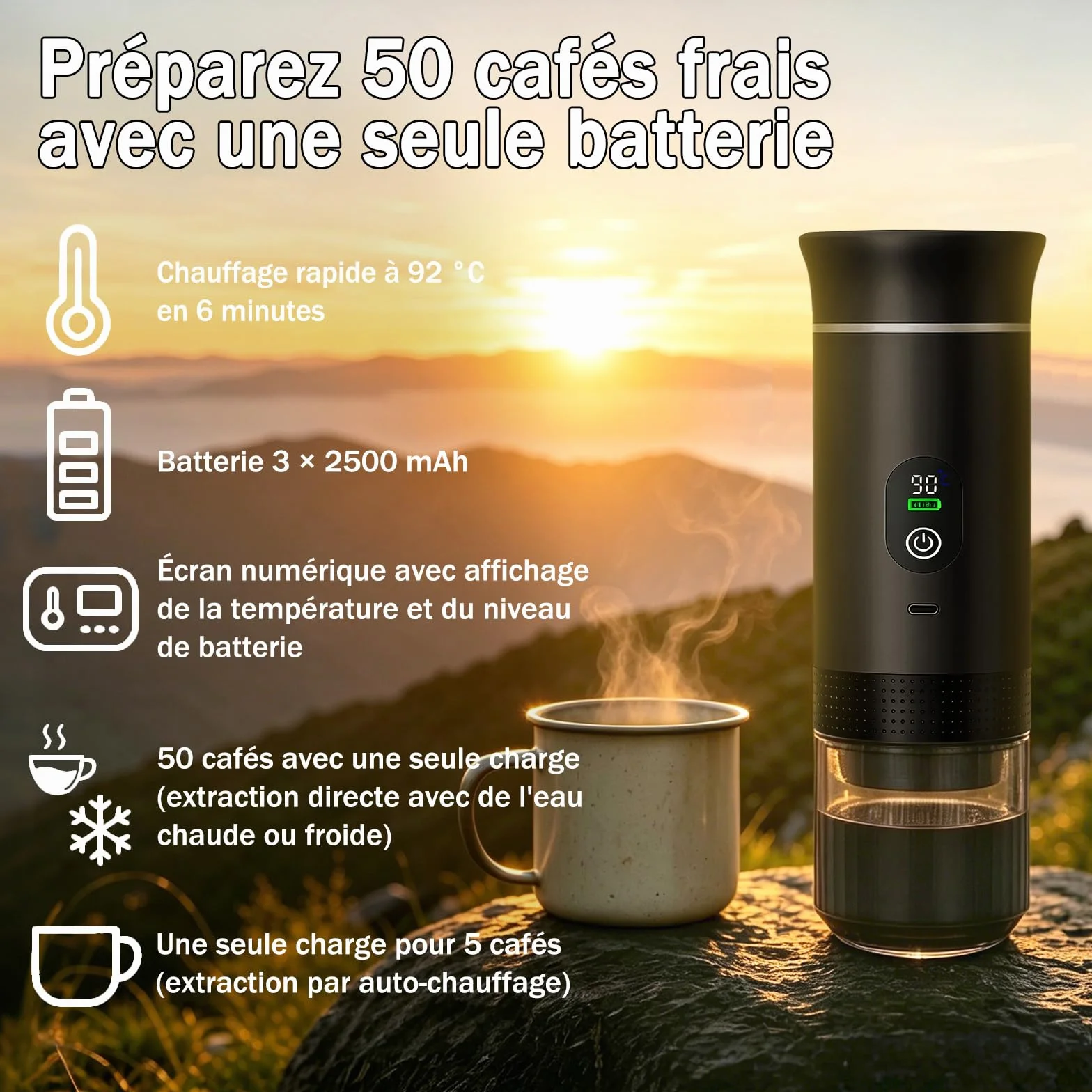 Machine à Cafe Portable,3 En 1 Cafetière à Expresso Chauffage Électrique,Rechargeable,Pour Camping et Voiture,Chauffage Rapide,compatible avec Capsules K-Cup et café moulu,Pour voyage