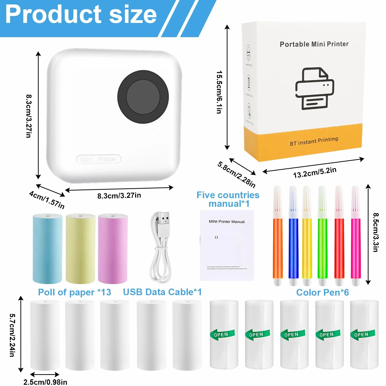 Imprimante Photo Portable sans Fil BT, Mini Imprimante Thermique Instantané, pour Photos et Étiquettes