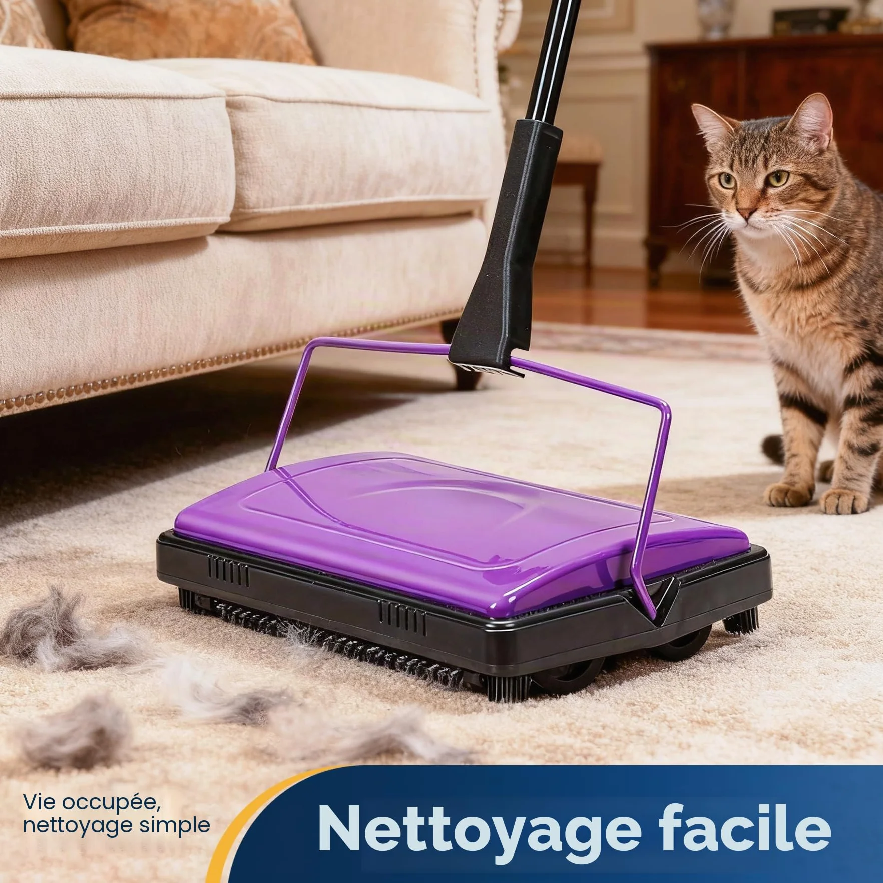 Yocada Nettoyeur de tapis pour la maison, le bureau, les tapis bas, les sous-poils, les poils d'animaux, la poussière, les restes de papier, les petits déchets avec une brosse - Violet