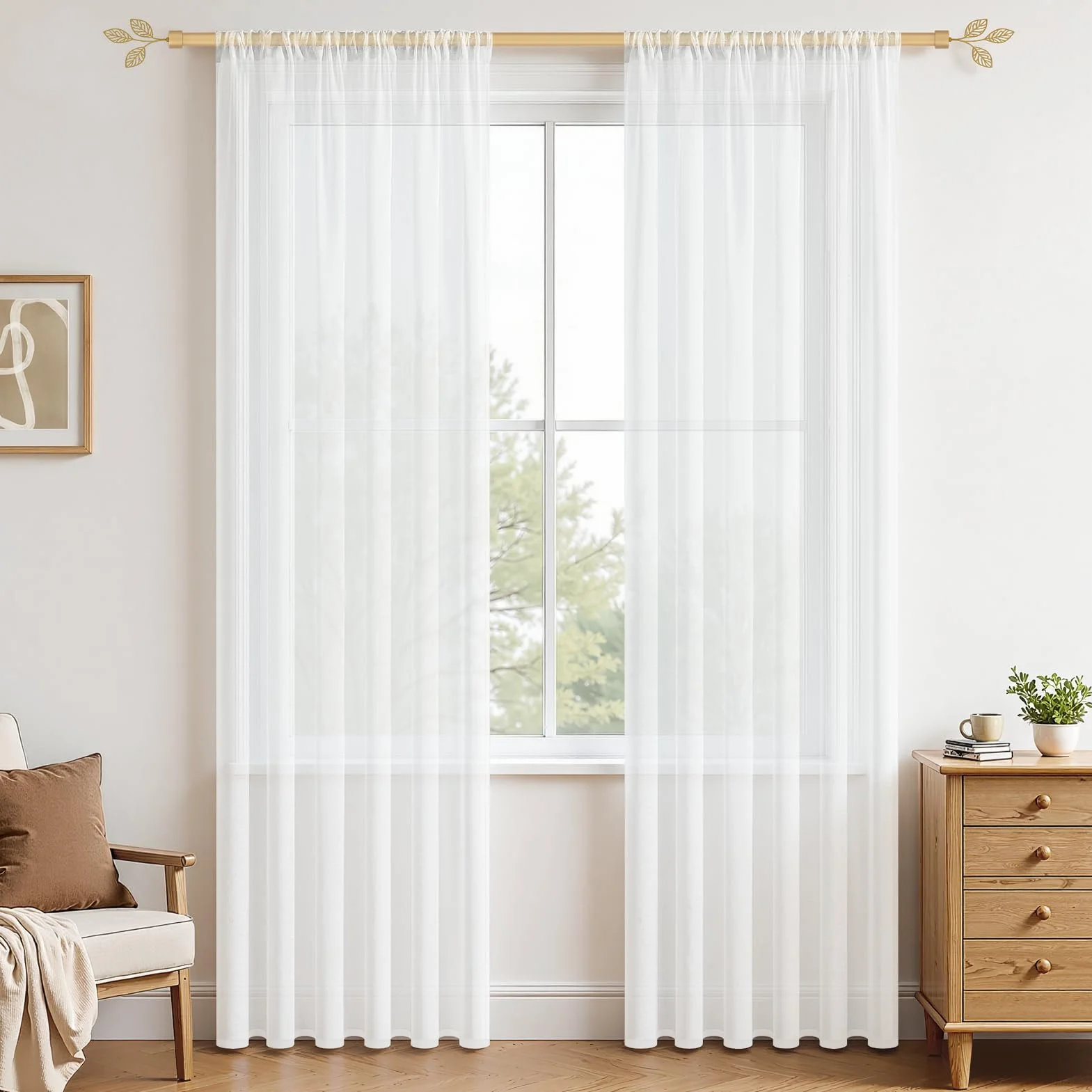 Rideaux Voilage Blanc 140x225 cm Passe Tringle Semi-Transparent 2 Pièces