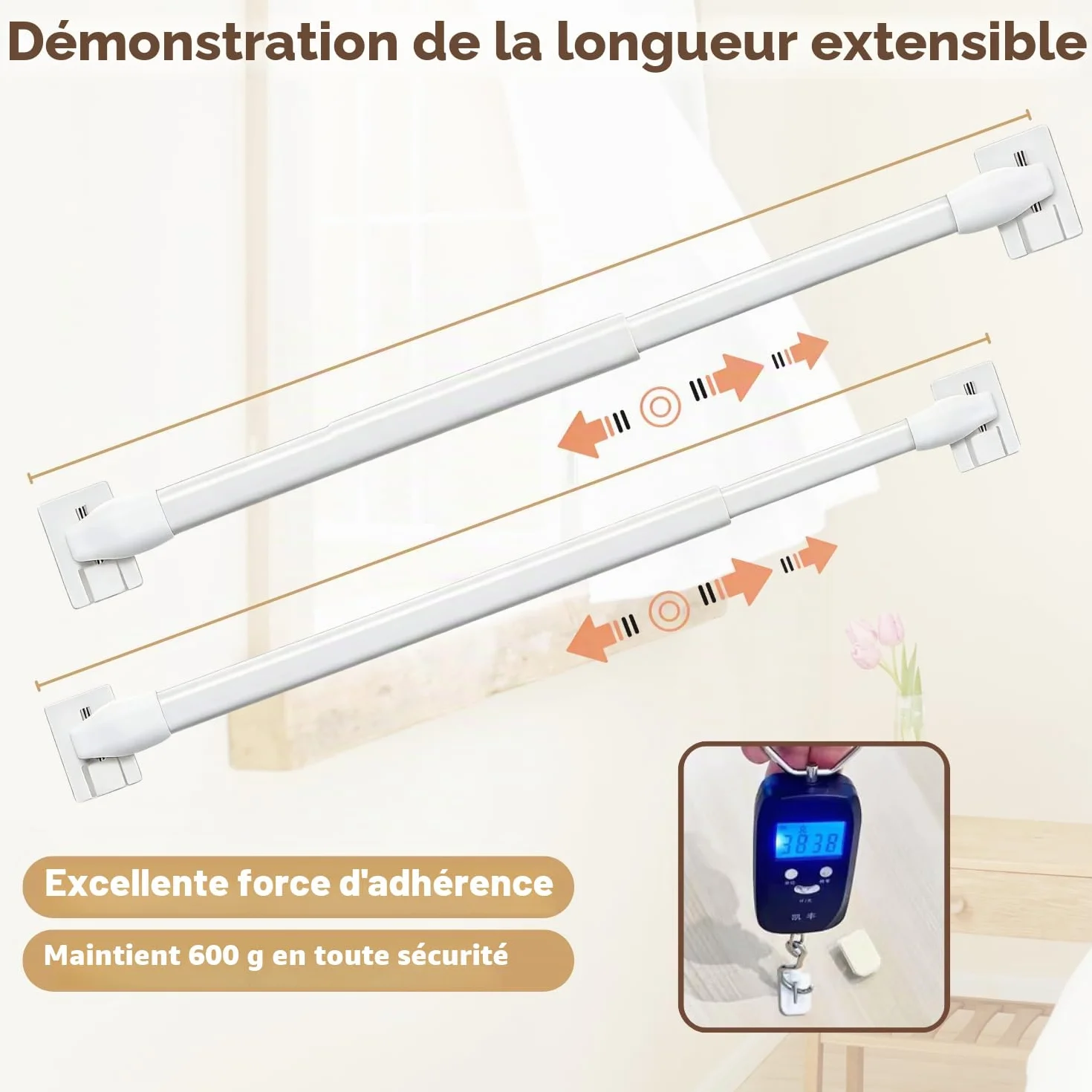 Tringles à rideaux extensibles lot de 2 avec crochets adhésifs 40-70 cm