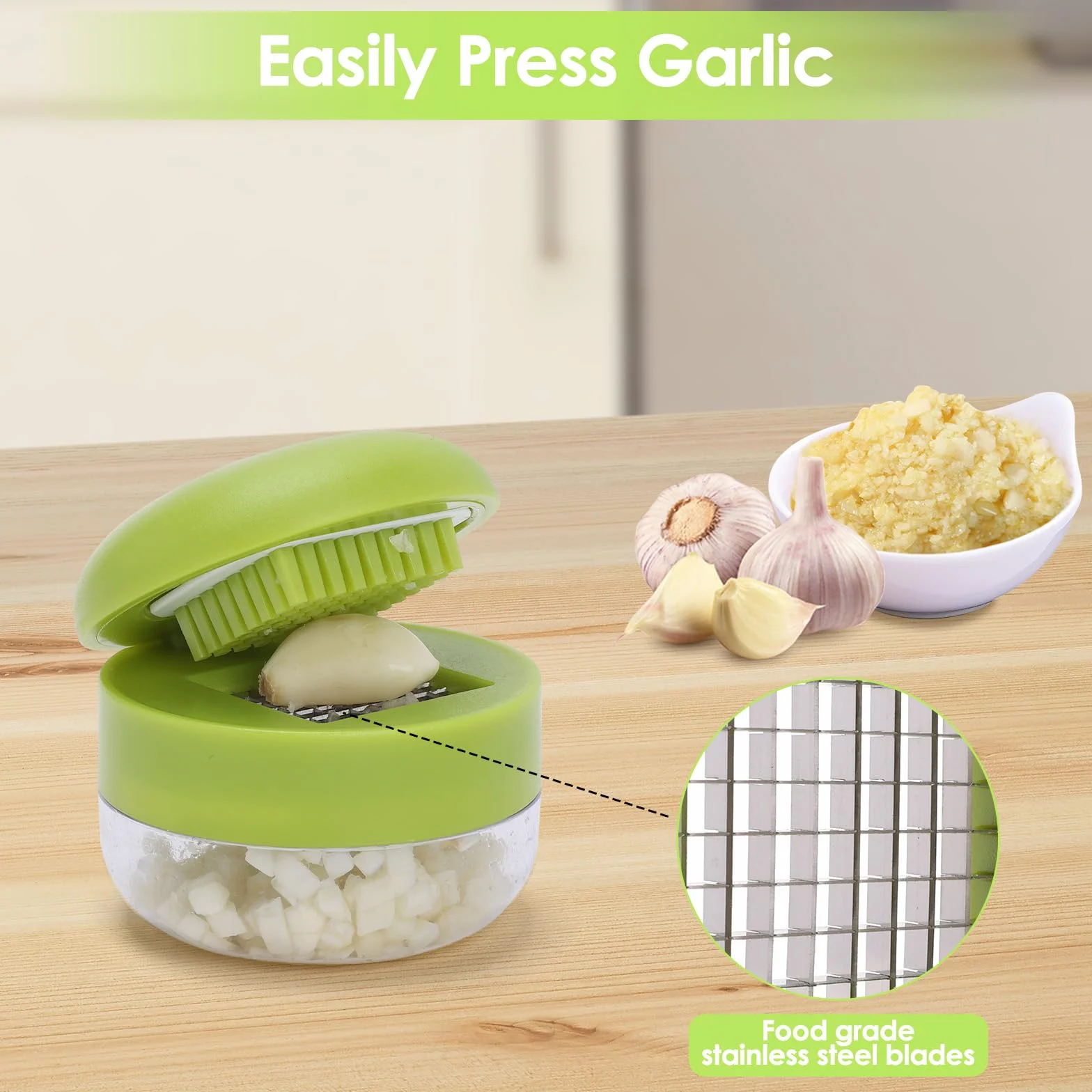 Set de Presse-Ail 2 Pièces, Presse-Ail Manuel avec Lames en Acier Inoxydable, Éplucheur Silicone et Brosse
