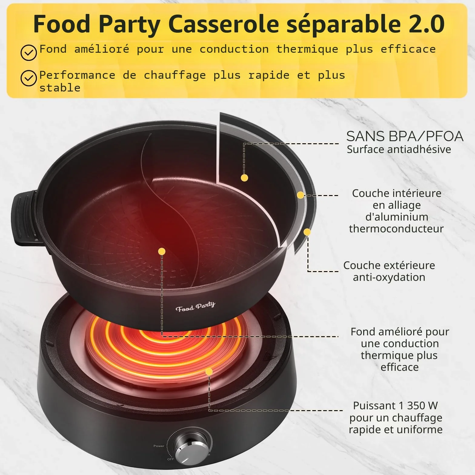 Food Party Hot Pot Electrique Appareil Fondue Chinoise 4L 220V 1350W Shabu SHabu Hotpot avec Diviseur Wok Electrique