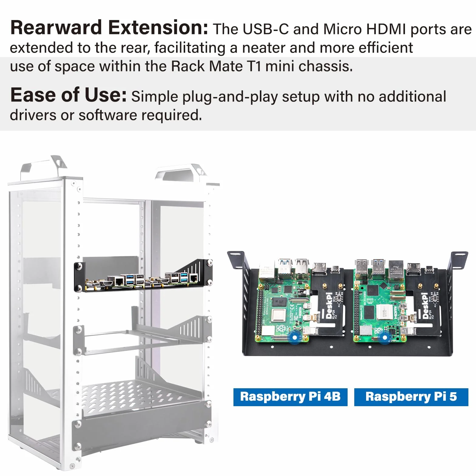 GeeekPi DeskPi RackMate Accessories SBC Shell 10 cali 1U Rack, z 2PCS Micro HDMI do HDMI Adapter Board KL-P24 dla Raspberry Pi 5 / Pi 4B