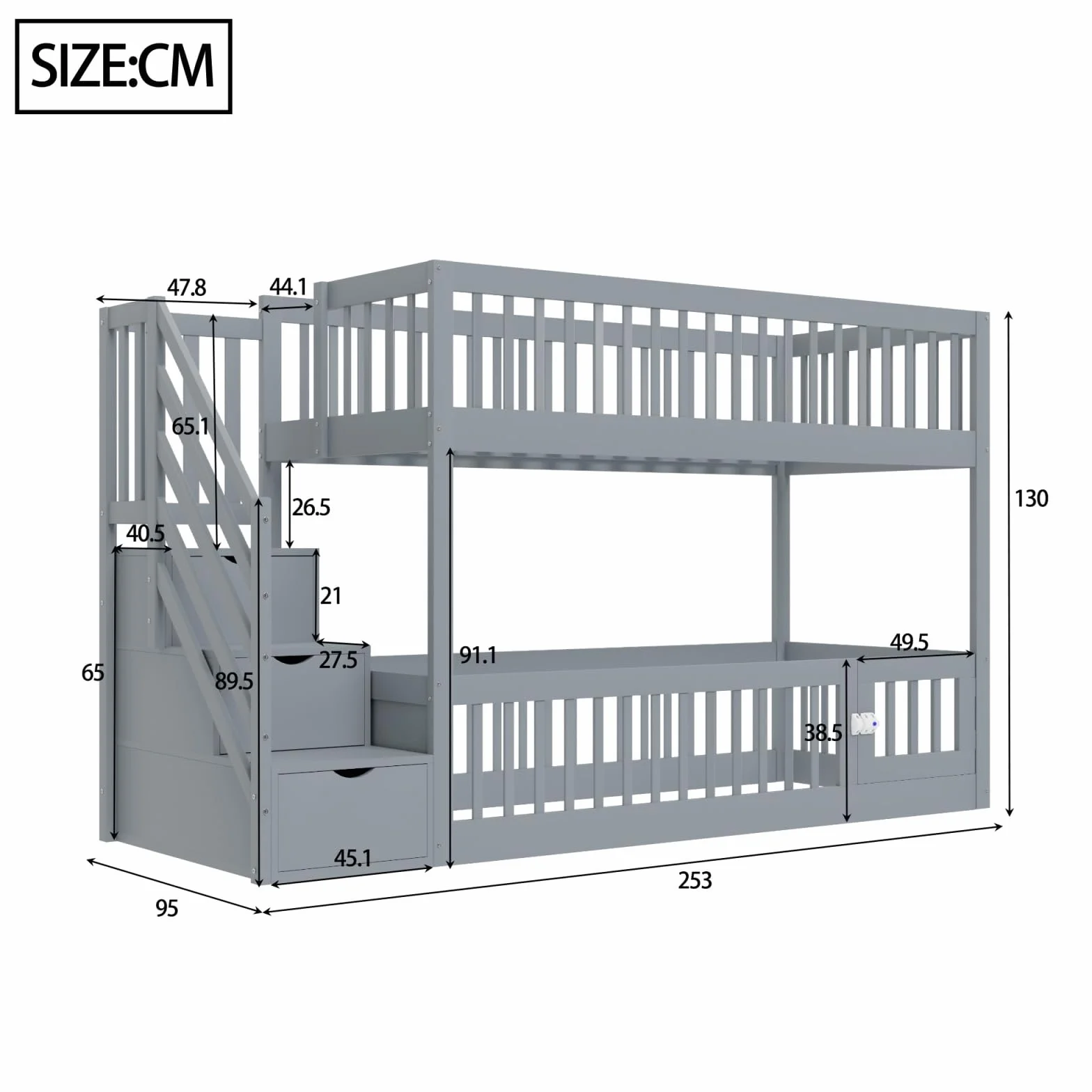 Sweiko Lit superposé 90x200 cm avec échelle de sécurité et tiroirs, lit Simple en Bois avec Espace de Rangement, idéal pour Les Enfants et Les Adolescents,Grey