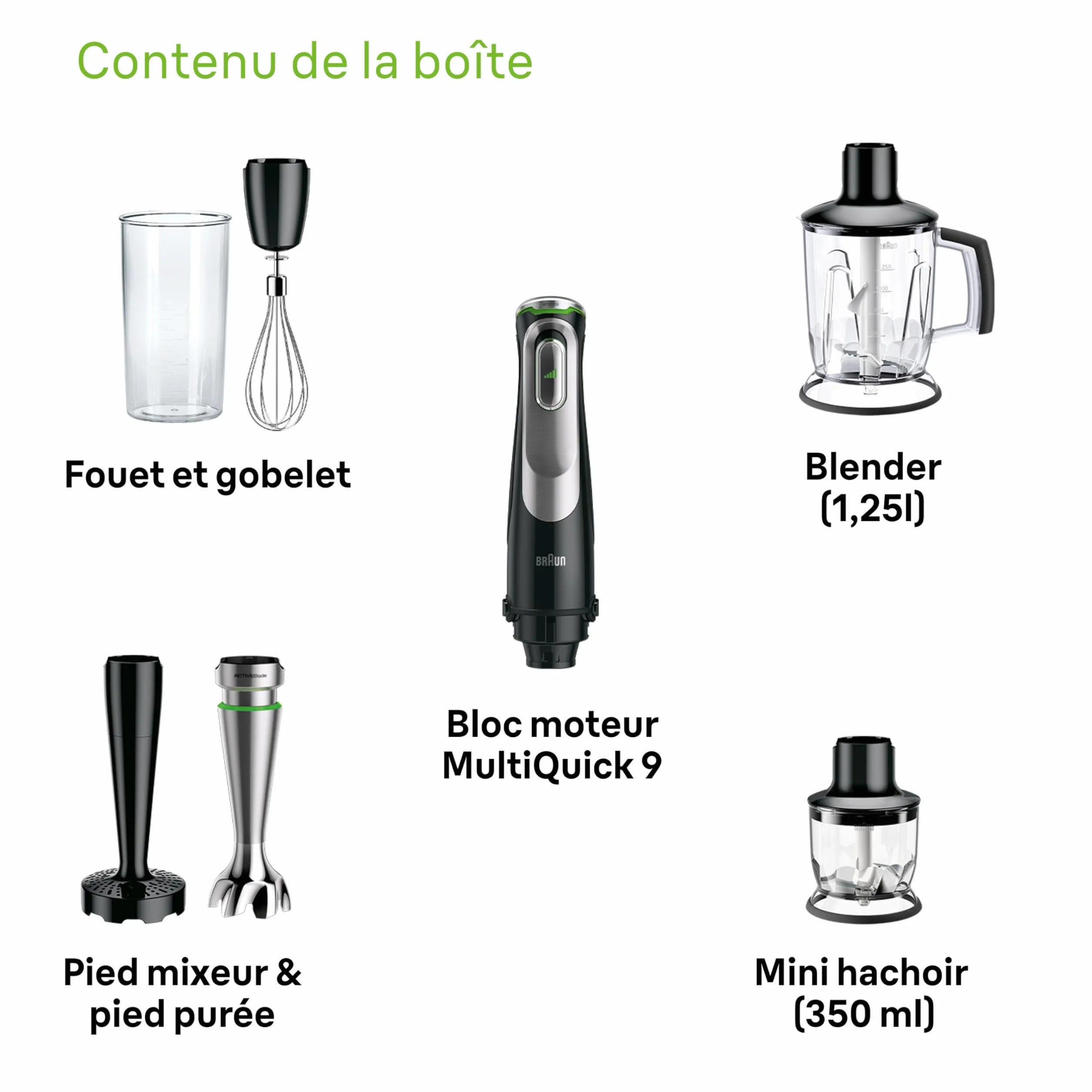 Braun MultiQuick 9 - Mixeur Plongeant, Anti Splash, Sélection Précise de la Vitesse, Active PowerDrive pour des Résultats Onctueux, Blender, Mini-hachoir, Verre Doseur 600mL, 1200W, Noir (MQ9147X)
