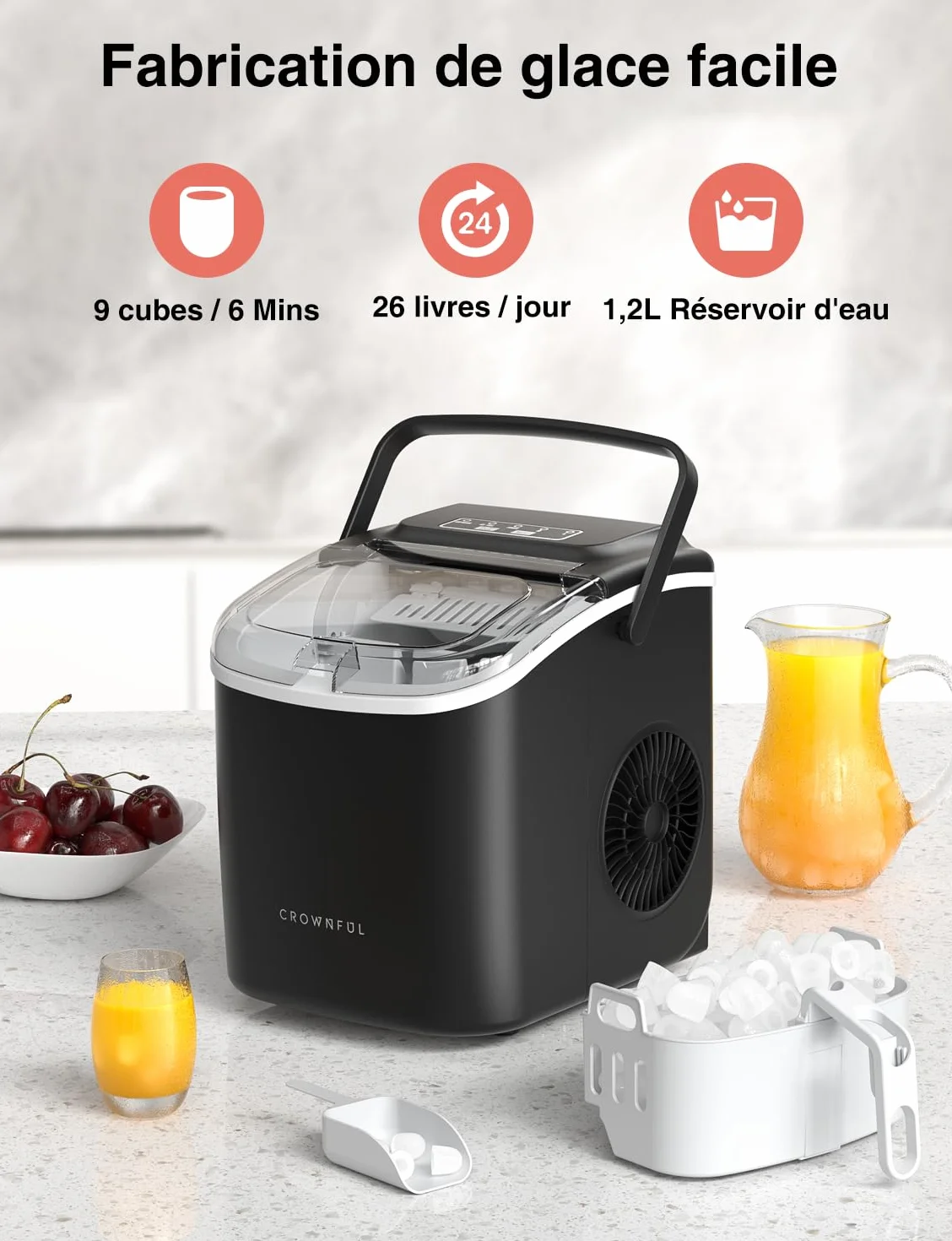 CROWNFUL Machine à Glaçon 12kg/24h 9 Glaçons 6 Min Portable avec Capteur Infrarouge Autonettoyant