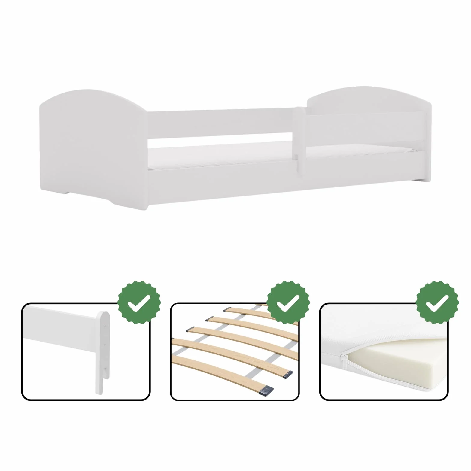 KOBI Lit Enfant Montessori Leo 140x70 avec Matelas et barrière Amovible – lit Bas sécurisé Blanc pour Chambre bébé et Enfant Style scandinave