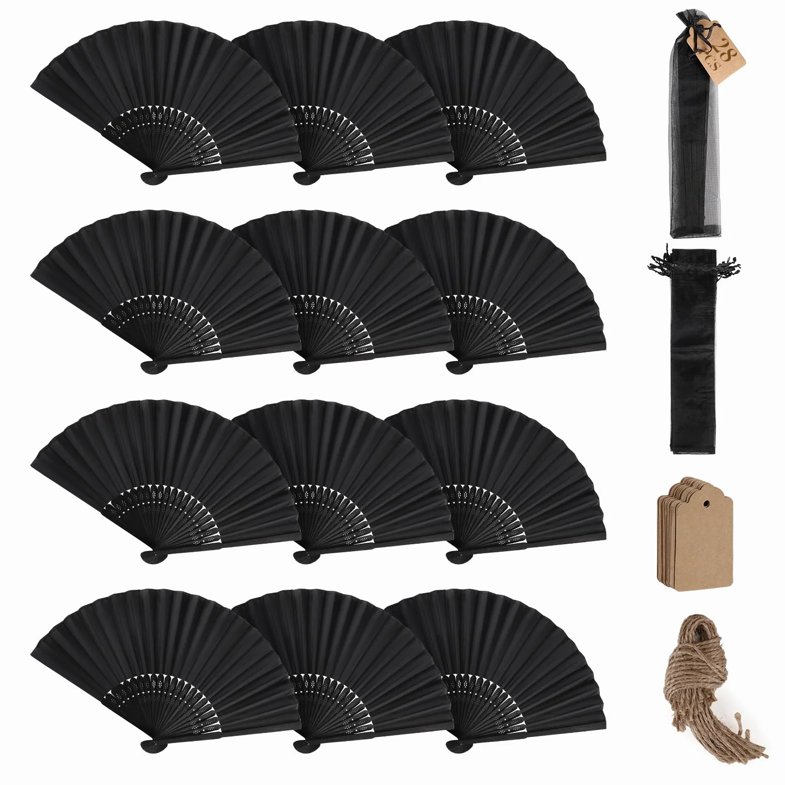 SWAWIS 28 Pièces Éventails Pliants Noir, Ventilateur en Tissu avce 30 Sacs en Organza & Cartes de Remerciement, Eventails Mariage Pliable pour Baptêmes Décorations de Fêtes DIY