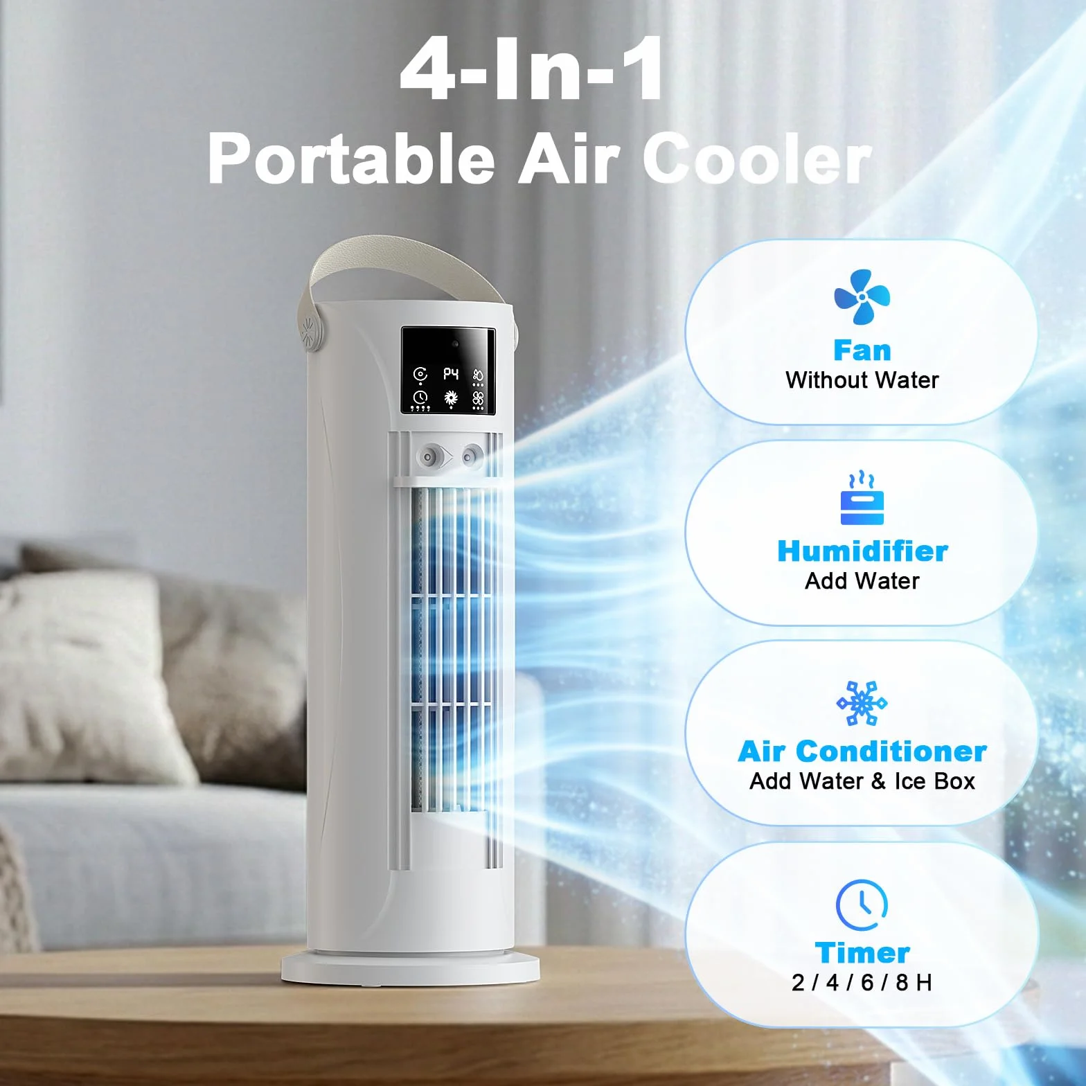 Climatiseur Mobile 4 en 1 Silencieux 28dB, Oscillation 120°, 4 Vitesses, Minuterie 8H, Blanc cassé