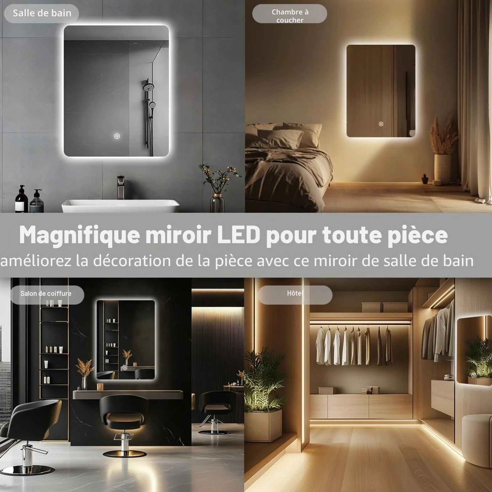 Miroir Mural de Salle de Bain, avec éclairage, 60 x 45 cm, avec lumière LED, Interrupteur Tactile et 3 Couleurs à intensité Variable (rectangulaire)