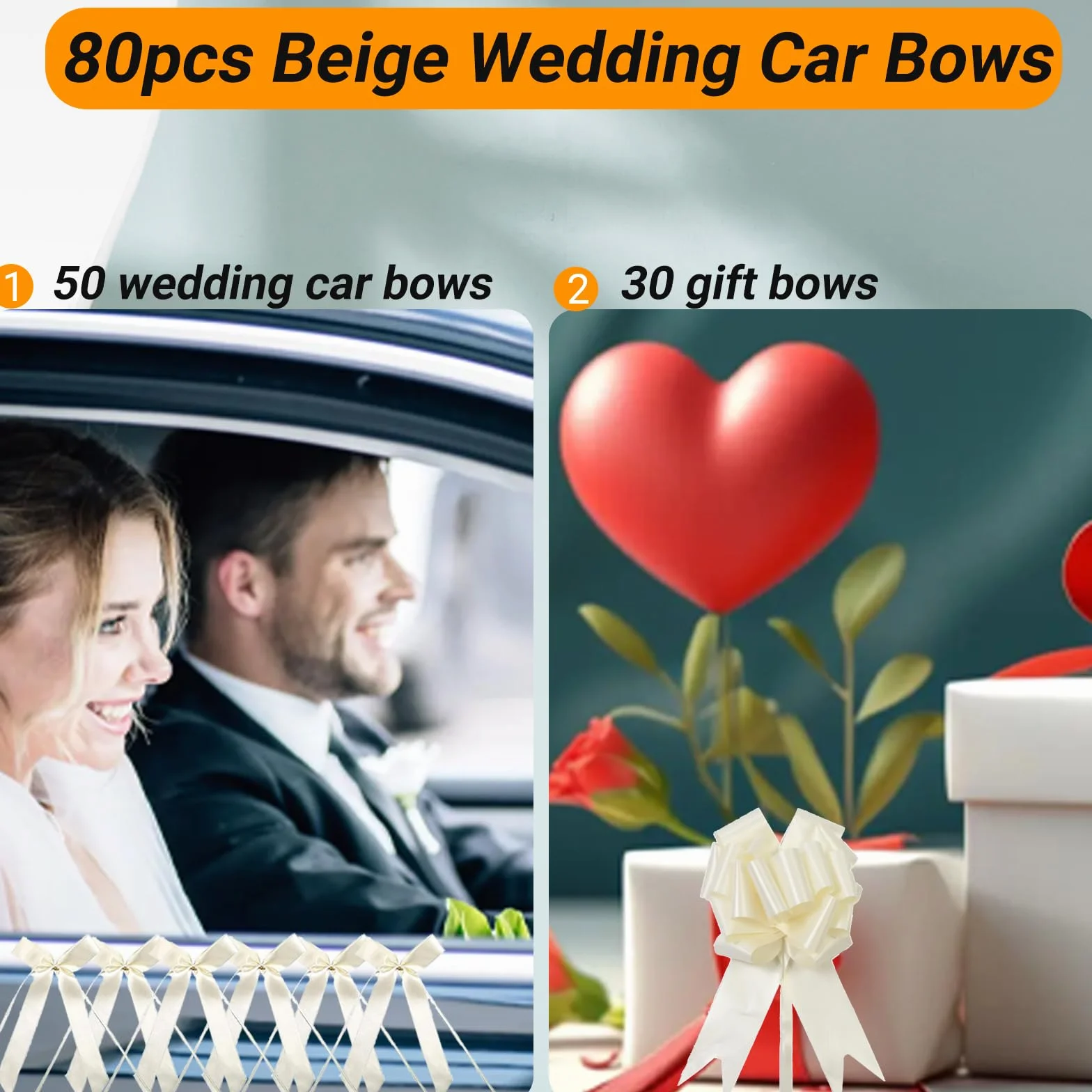 80 Pcs Decoration Voiture Mariage Beige Ruban Noeud