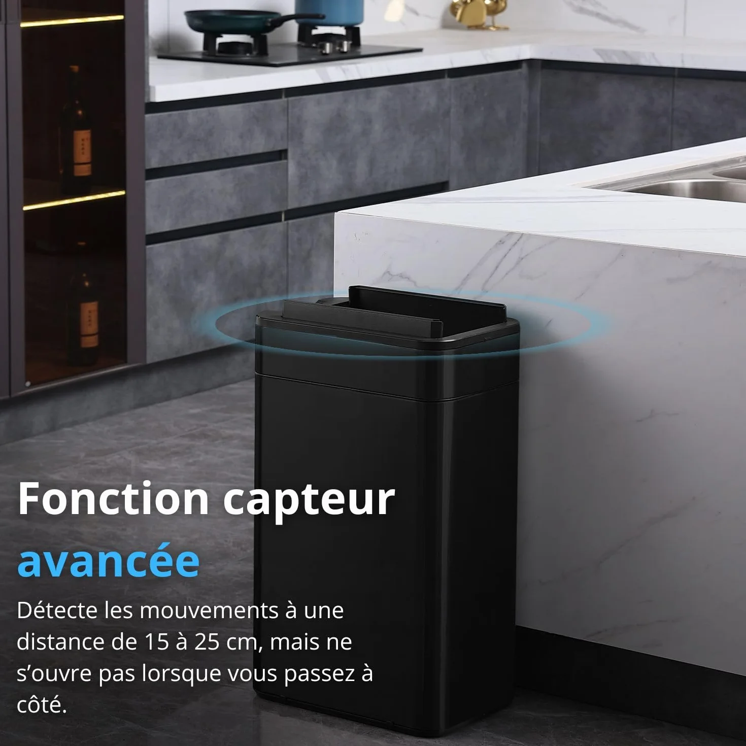 FLINQ Poubelle Cuisine 60 Litres Automatique – Poubelle Rectangulaire avec Couvercle Bascule – Grande Capacité pour Cuisine Moderne – Design Inox Élégant - Noir