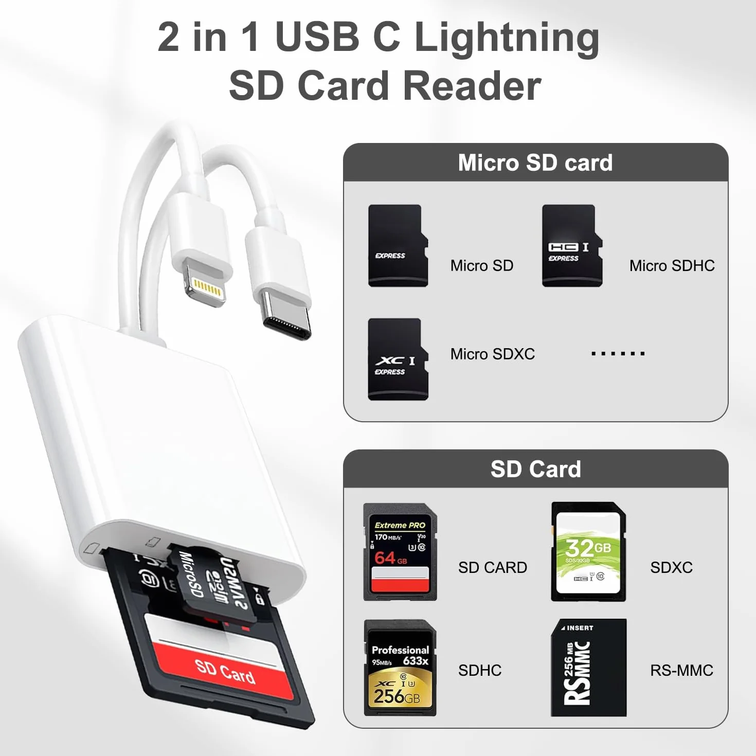 Czytnik kart SD do iPhone'a/iPada/Androida/aparatu, czytnik kart pamięci 2 w 2 ze złączami USB C i Lightning, podwójne gniazdo na MicroSD/SD, adapter OTG typu C, przeglądarka kart aparatu, czytnik