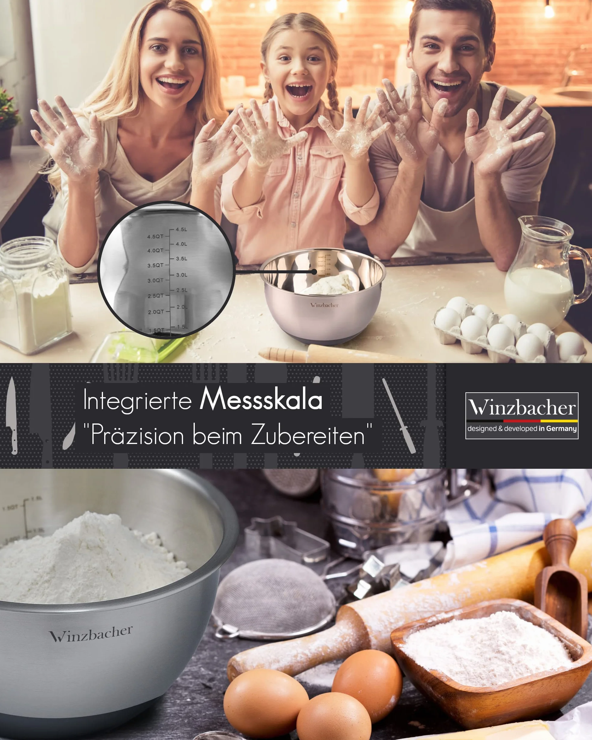 Winzbacher Bol en acier inoxydable avec couvercle [Lot de 5] 1 l + 1,5 l + 2,5 l + 3,5 l + 4,5 l | Bol à mélanger, saladier, set de bols | antidérapant | empilable | râpe incluse