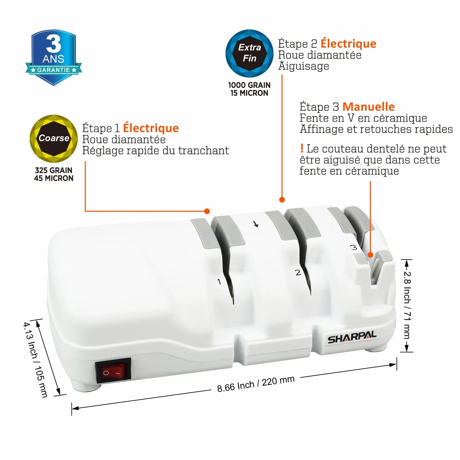 SHARPAL 198H Aiguiseur de couteaux électrique - 3 étapes avec meules en diamant