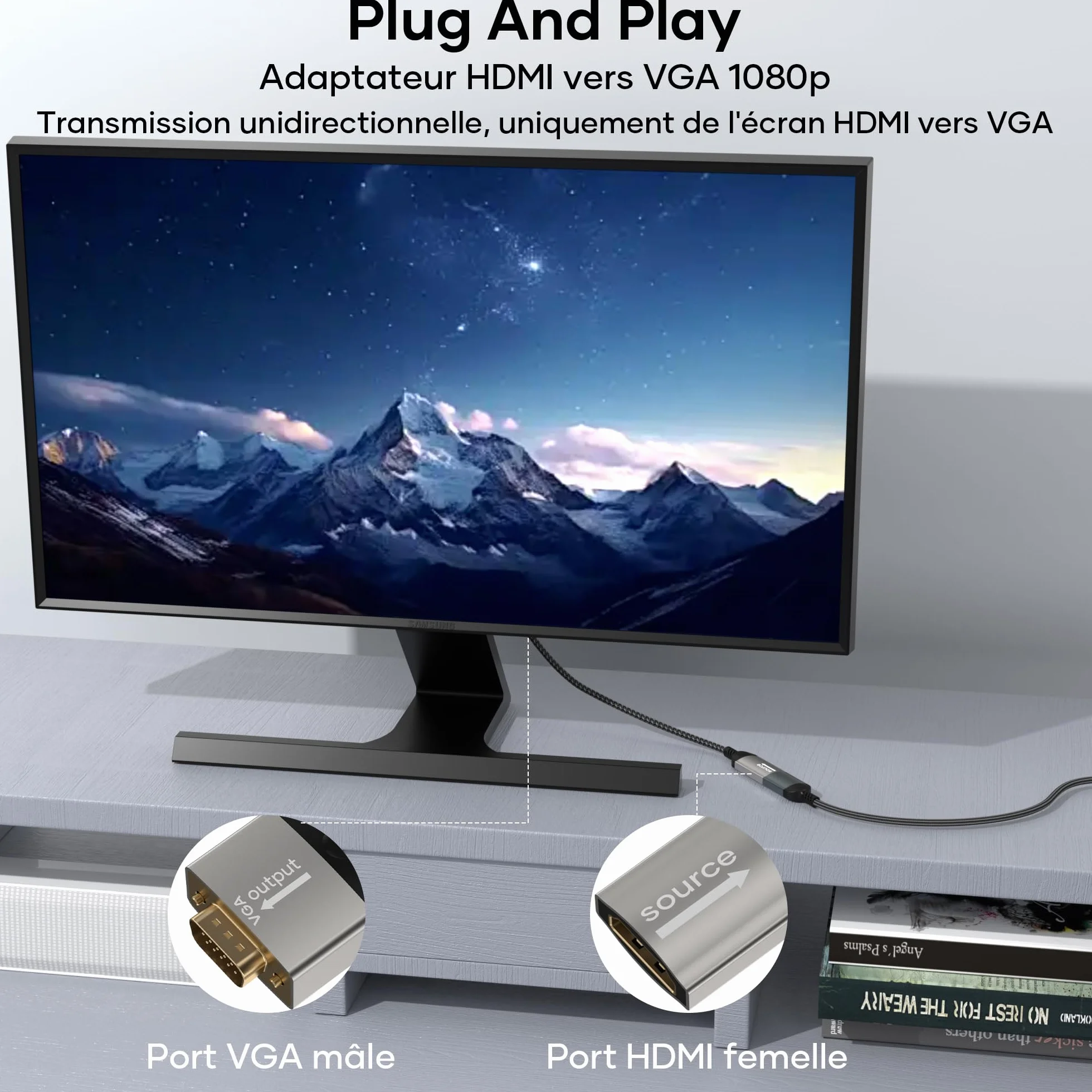 Adaptateur HDMI vers VGA Femelle vers Mâle Unidirectionnel 1080p Nylon tressé