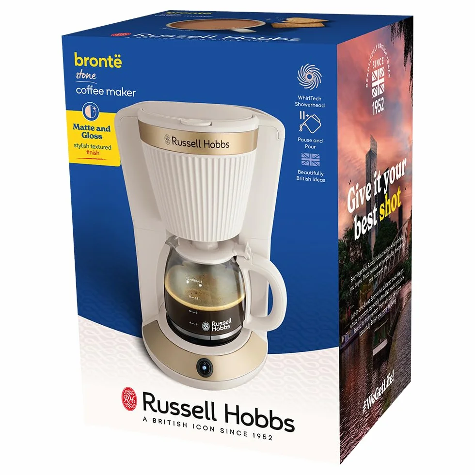 Russell Hobbs Cafetière filtre [1,25 L : 10-15 tasses, 1 100 W] Brontë Beige (technologie WhirlTech, anti-goutte, plaque chauffante, verseuse en verre, fonction pause et versement) 26781-56