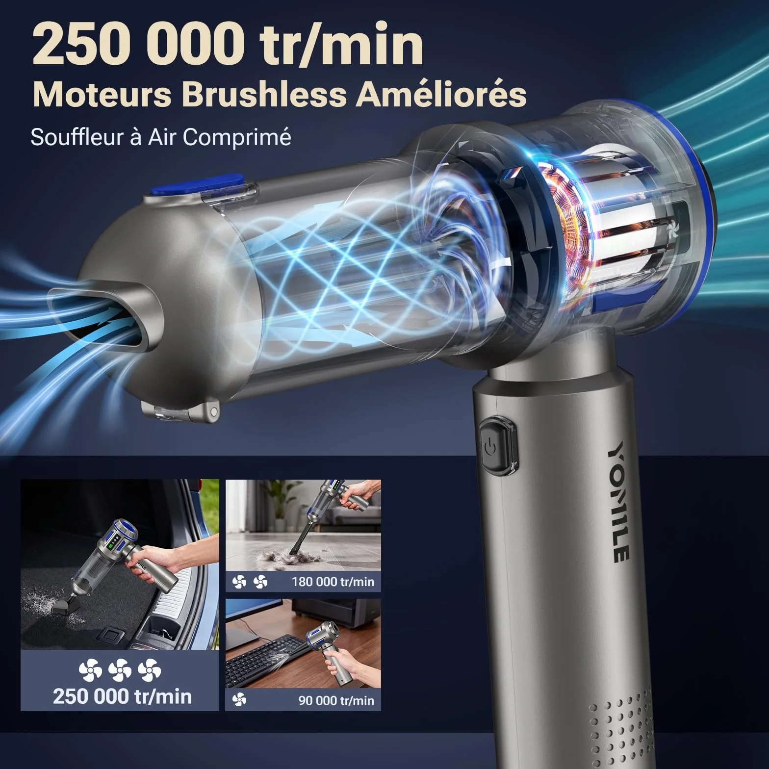 Aspirateur à Main, 27000Pa/120W Mini Aspirateur sans Fil & 250.000 tr/min Aspirateur de Voiture à 3 Vitesses avec Moteur sans Brosse, Aspirateur Voiture Sans Fil Pour Bureau,Maison, Cuisine,Poils