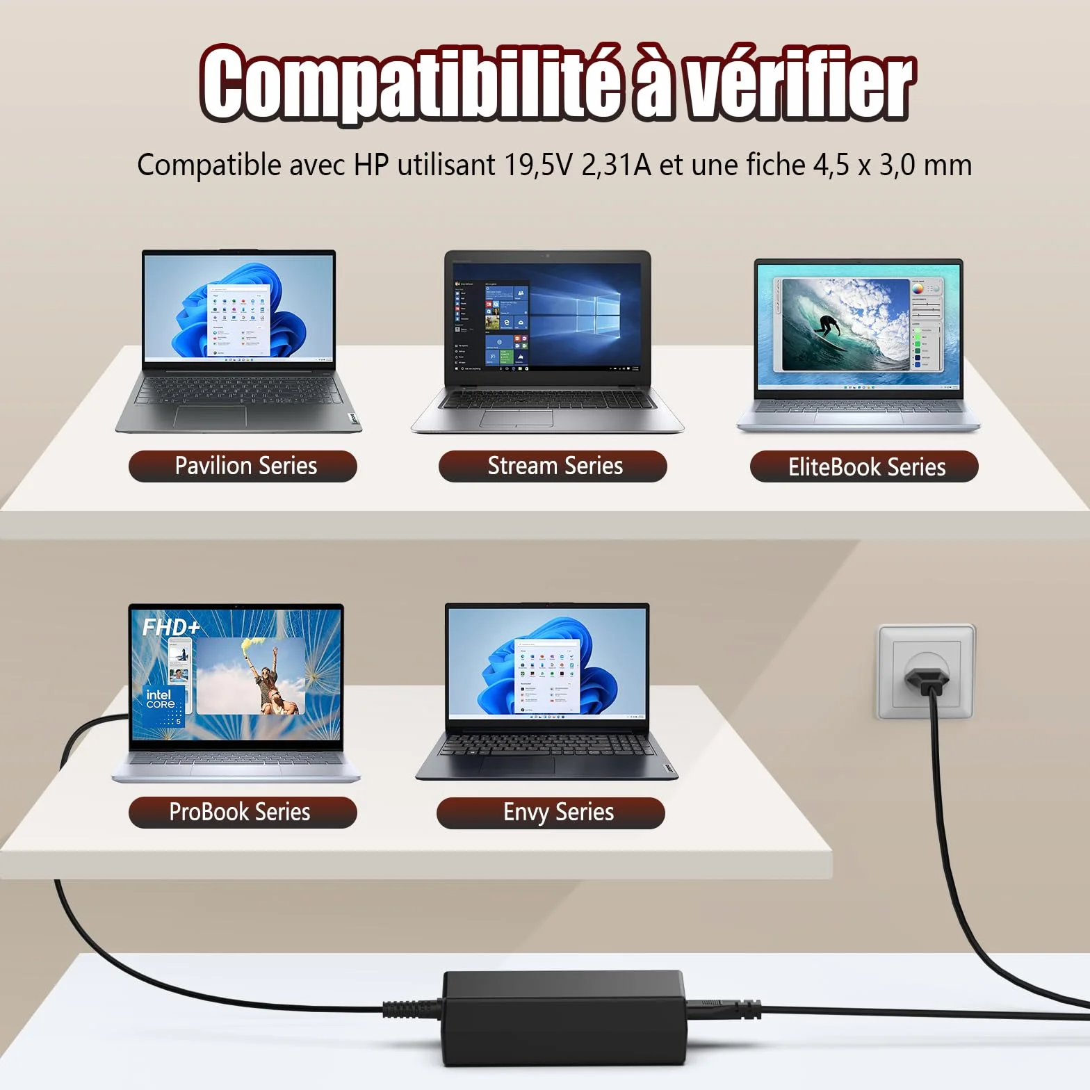 Chargeur Ordinateur Portable 45W Compatible HP Elitebook 840 850 ProBook 430 440 450 Pavilion X360 Stream Envy 19.5V 2.31A