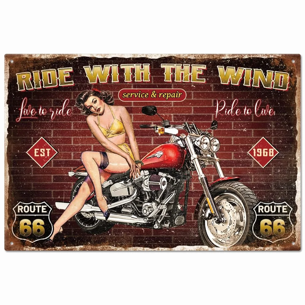 Plaque en Métal "Ride With The Wind" pour Garage Moto Décoration Murale