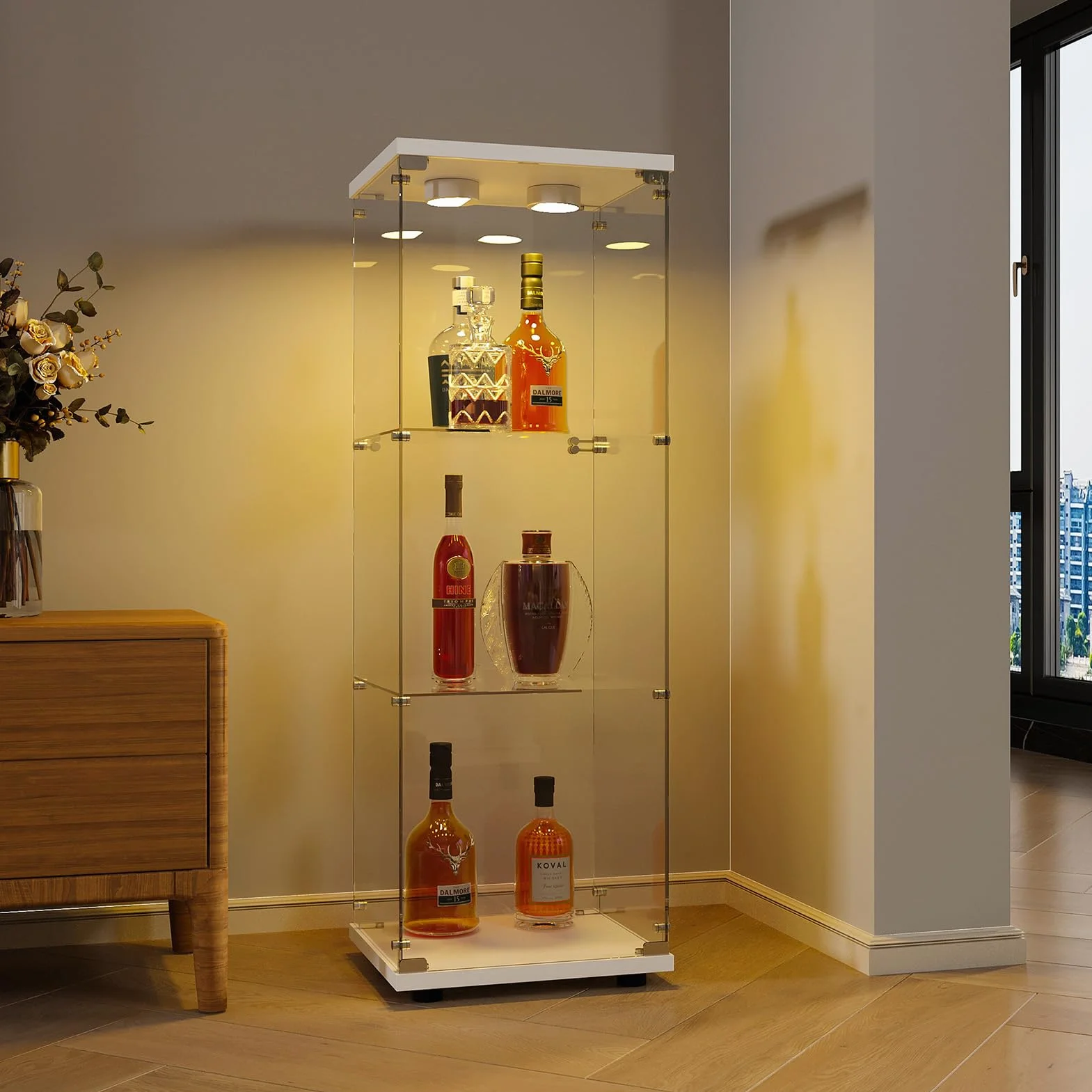 Vitrine en Verre pour Collection, Armoire de Collection Moderne à 3 Couches avec 1 Porte, Meuble Vitrine Verre avec LED, pour Chambre, Salon, 42x36x125cm, Blanc + Lumière