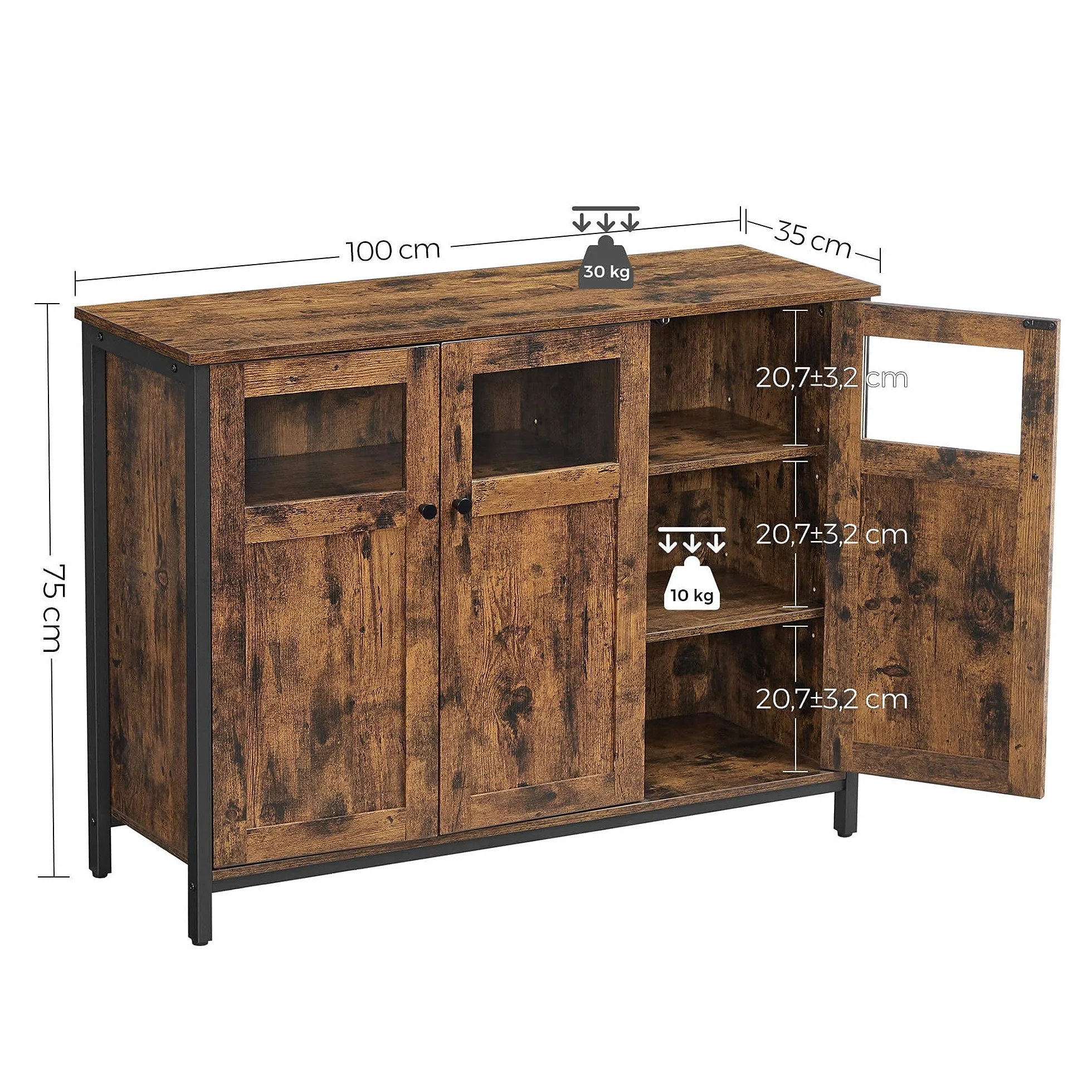 VASAGLE Meuble de Rangement, Buffet, avec Placard 3 Portes, pour Salle à Manger, Salon, Cuisine, entrée, Cadre en Acier, Style Industriel, Marron Rustique et Noir d'encre LSC099B01