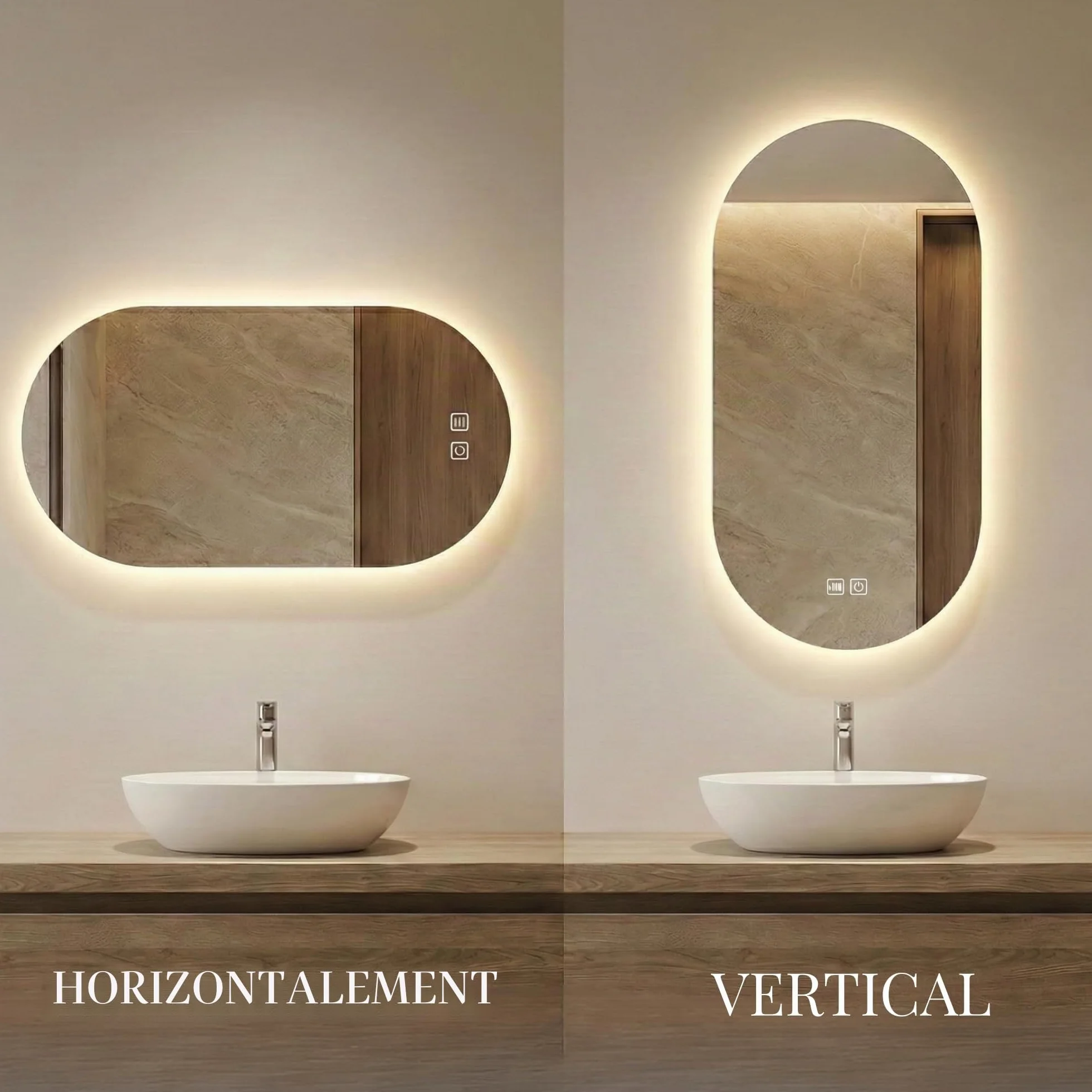 Bayt Miroir de Salle de Bain Ovale avec Éclairage LED, Anti-Buée, 2 Modes d’Éclairage, Miroir Mural 50 x 90 cm