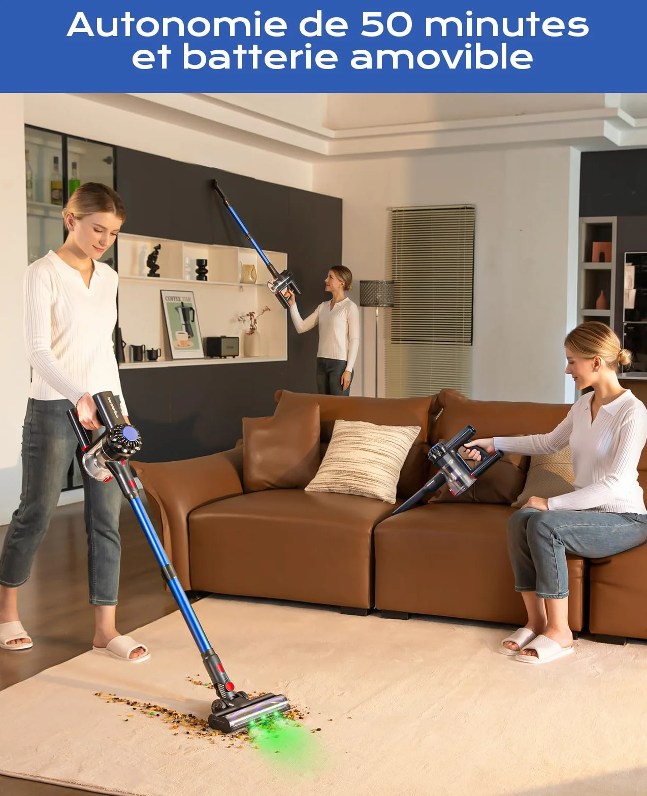 Aspirateur Balai sans Fil, 50Mins/40KPA/450W Aspirateur sans Fil, Aspirateur Balai avec LED Verte, Aspirateur avec Brosse à Plancher Améliorée, pour Tapis, Sols Durs, Poils d'animaux, Bleu